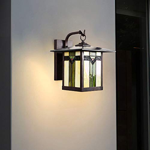 LITFAD Tiffany Style Stained Glass Wall Sconce Light Fixture - Green Art Glass Lantern for Indoor & Outdoor Lighting | Perfect for Porch, Patio, Entryway & Bedroom Decor
