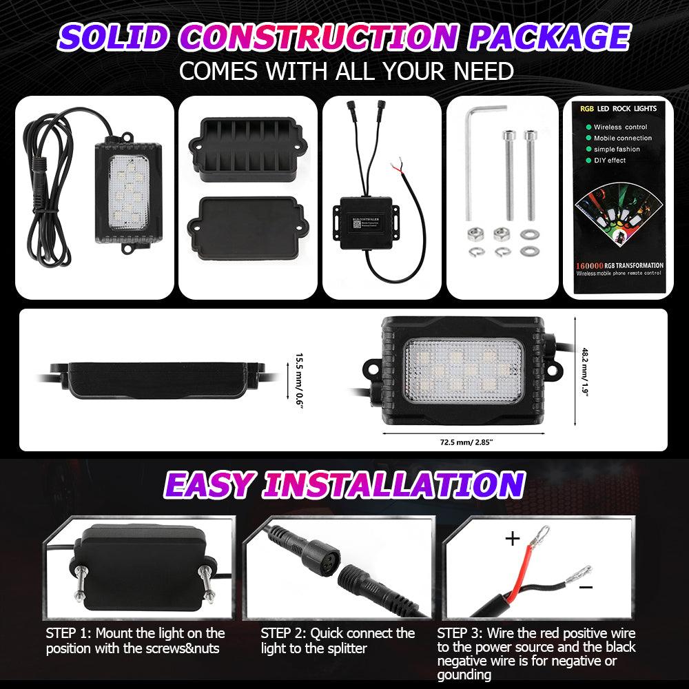 Magic Dream Color RGB LED Rock Lights Kit with Bluetooth APP Control - Multicolor Chasing Neon Underglow Lights for Cars, Trucks, Motorcycles | Off-Road, Car Shows & Night Driving