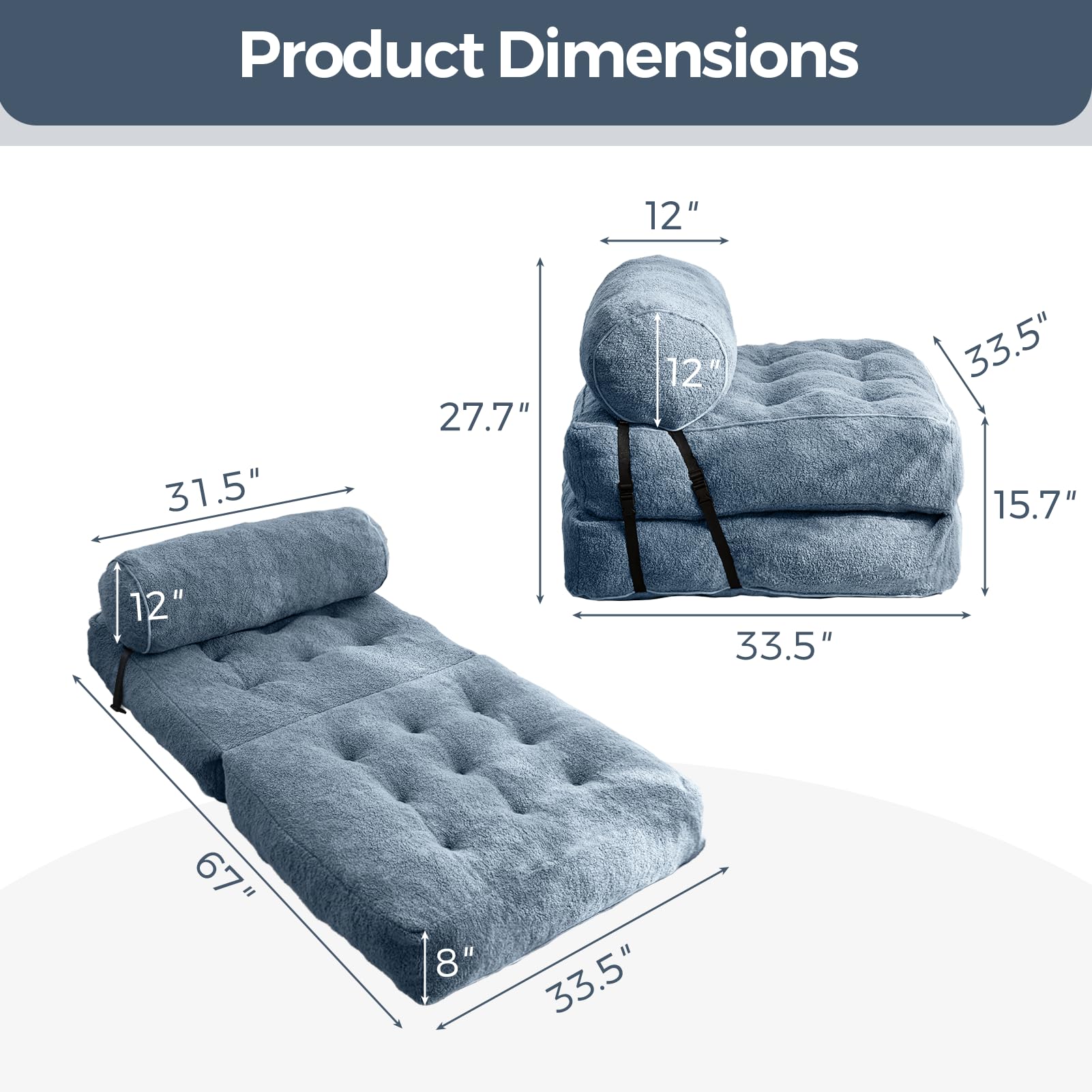 MAXYOYO Folding Sofa Bed - Convertible Boucle Sleeper Chair with Bolster Pillow | Multi-Functional Floor Sofa Lounge for Living Room, Bedroom & Small Spaces | Dusty Blue | Perfect for Guest Sleeping, Relaxing & Space Saving