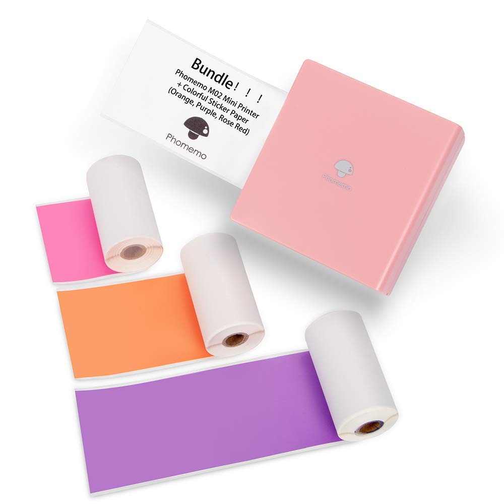 Phomemo M02 Mini Bluetooth Thermal Photo Printer - Portable Sticker Printer with 3 Rolls Colorful Sticker Paper, Compatible with iOS & Android for Journaling, Study Notes, DIY Crafts, Office Use & Gifts | Perfect for Bullet Journals, Scrapbooking & Home Organization