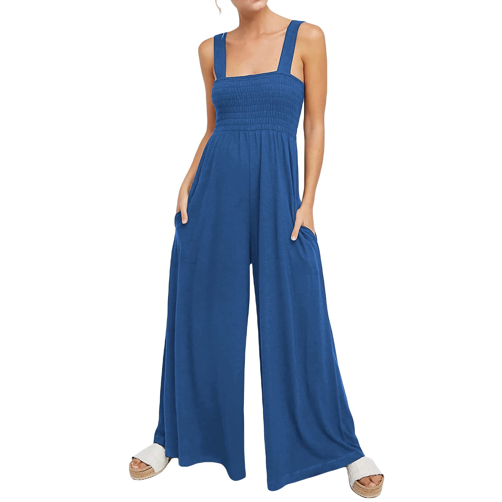 Women's Summer Long Jumpsuit - Plain Ruched Chest Wide Sling Loose Romper with Wide-Leg Pants | Casual Ladies Jumpsuit for Beach, Vacation & Everyday Wear