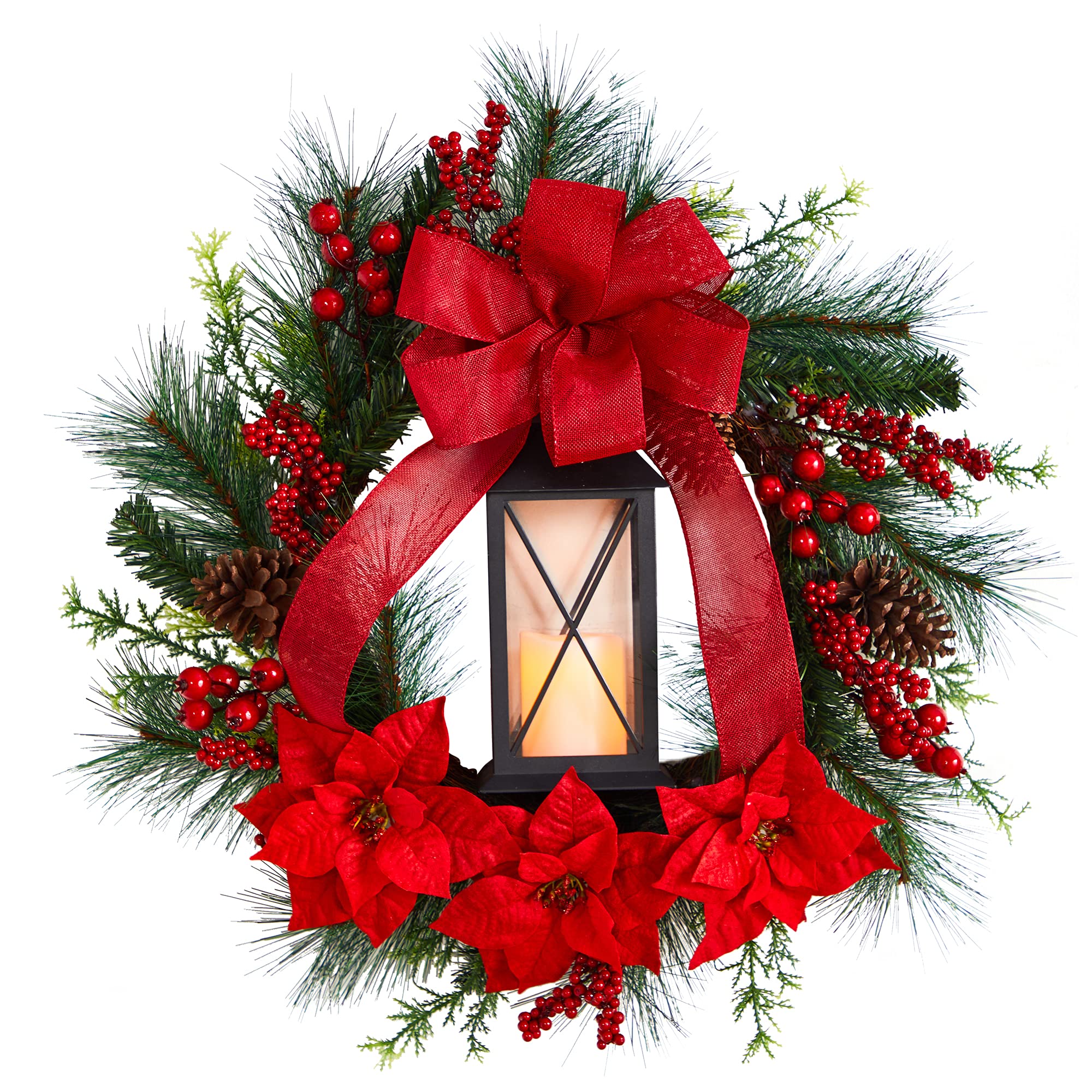 Nearly Natural 28in Red Poinsettia & Berry Christmas Wreath with LED Candle - Holiday Lantern Decor for Front Door, Fireplace & Festive Home Decorating