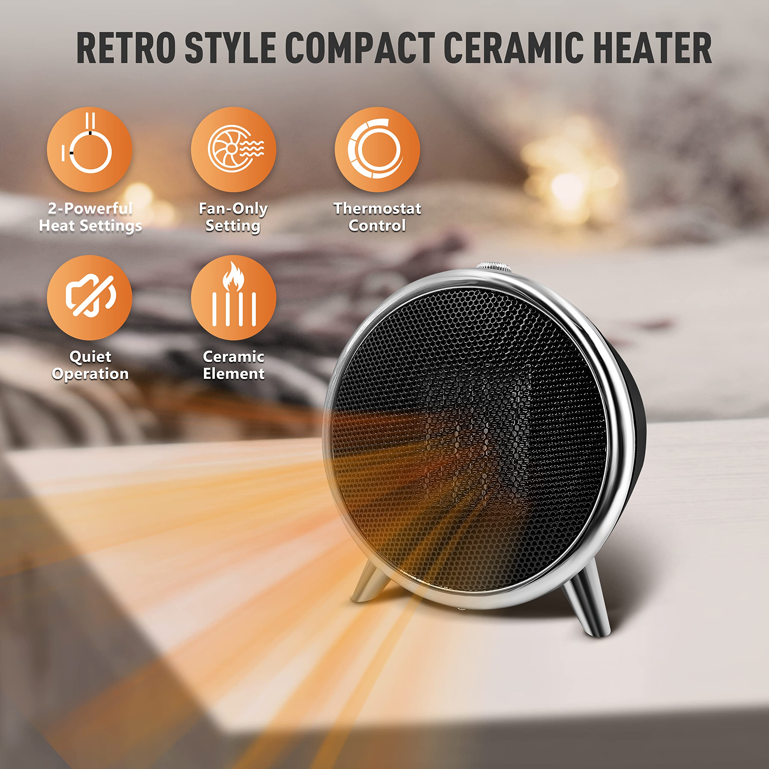 1500W Portable Electric Space Heater with Thermostat - Fast Heating Indoor Heater for Bedroom, Office & Desktop Use - Overheat Protection & Safety Tip-Over Switch - Black
