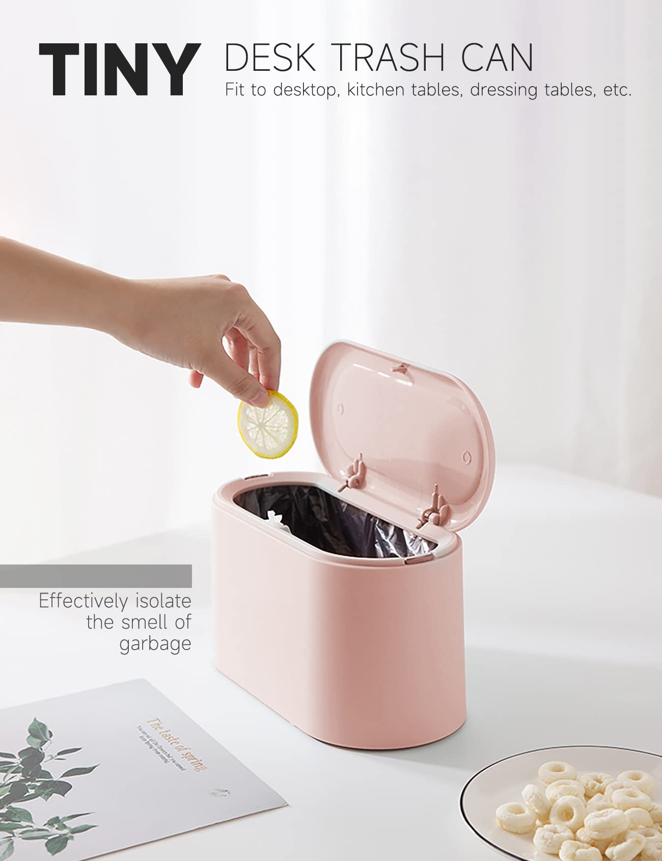 Mini Trash Can with Lid - Small Removable Garbage Bin, Tiny Plastic Waste Basket for Countertop, Desk & Table - Perfect for Bathroom, Office, Kitchen, Bedroom & Living Room - Compact Pop-Up Lint Bin (Pink) - Ideal for Home, Dorm & Workspace Organization