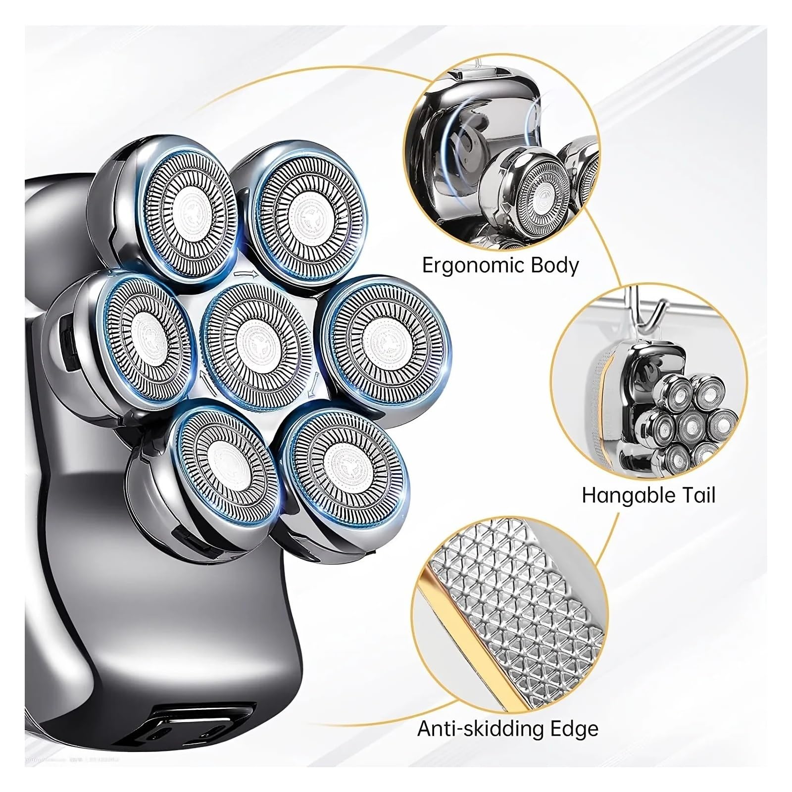 Rechargeable Electric Head Shaver for Men - 6-in-1 Waterproof Cordless Bald Head Shaver & Beard Trimmer Kit - Wet/Dry Use for Smooth Shaving at Home, Travel & Gym