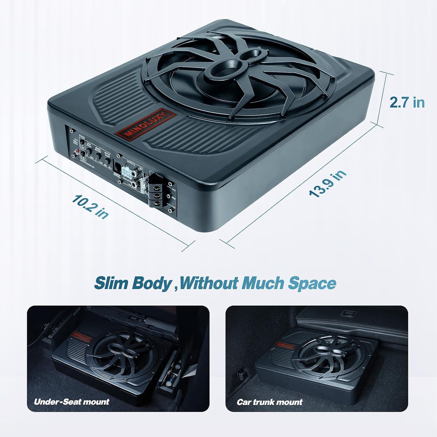 10 Inch 800W Slim Under Seat Powered Car Subwoofer with Built-in Amplifier & Blue LED Lights - High Performance Bass for Cars & Trucks - Perfect for Road Trips, Music Lovers & Enhanced Audio Experience