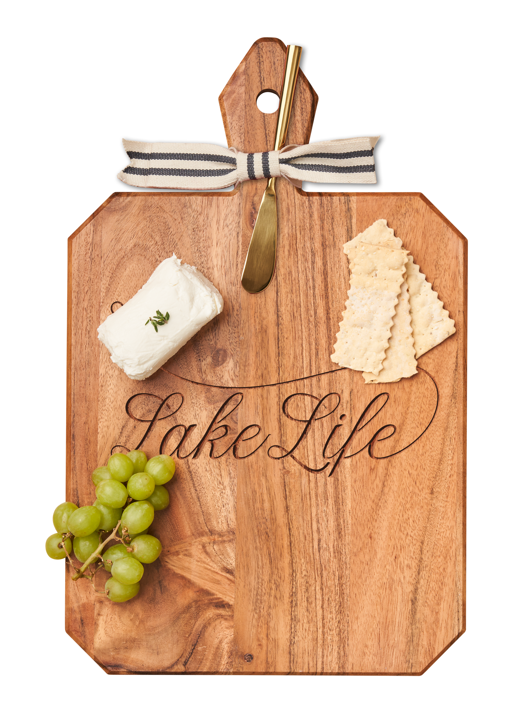 Acacia Wood Heirloom Cheese Board with Handle - 16x10x0.6 Inch Rectangular Charcuterie Tray with Gold Butter Knife & Gray White Ribbon - Perfect for Wine Parties, Picnics, and Lake House Entertaining