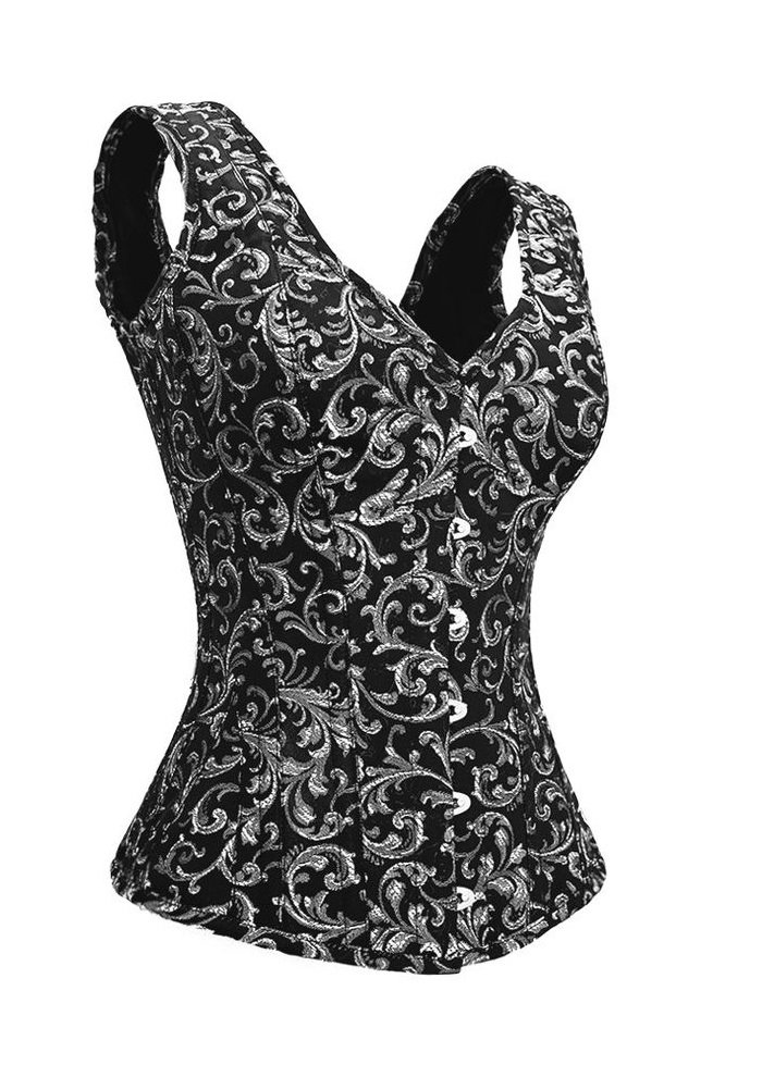 Elegant Black & Silver Brocade Overbust Corset with Shoulder Straps - Gothic Halloween Costume, Renaissance Faire Outfit, Steampunk Party Dress, Victorian Ball Gown, Cosplay Lingerie for Women