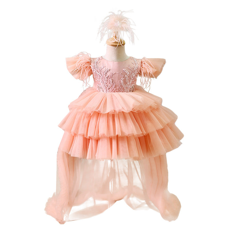**Elegant Puffy Princess Dress for Girls - Birthday Party Gown with Train - Perfect for Cake Smash, Photo Shoots & Special Occasions**