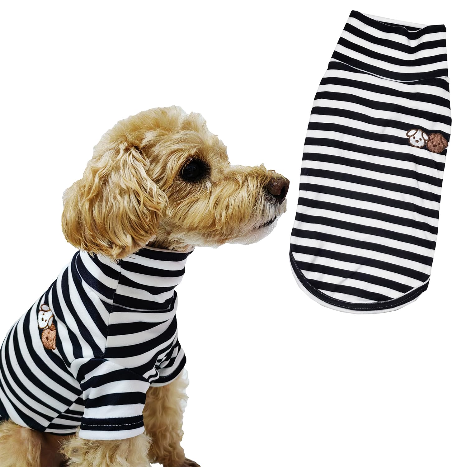 Cute Striped Turtleneck Dog Sweater - Soft Stretchy Puppy Pullover with Embroidery for Small Medium Large Dogs & Cats (Black Striped, Small) - Perfect for Winter Walks & Photo Shoots