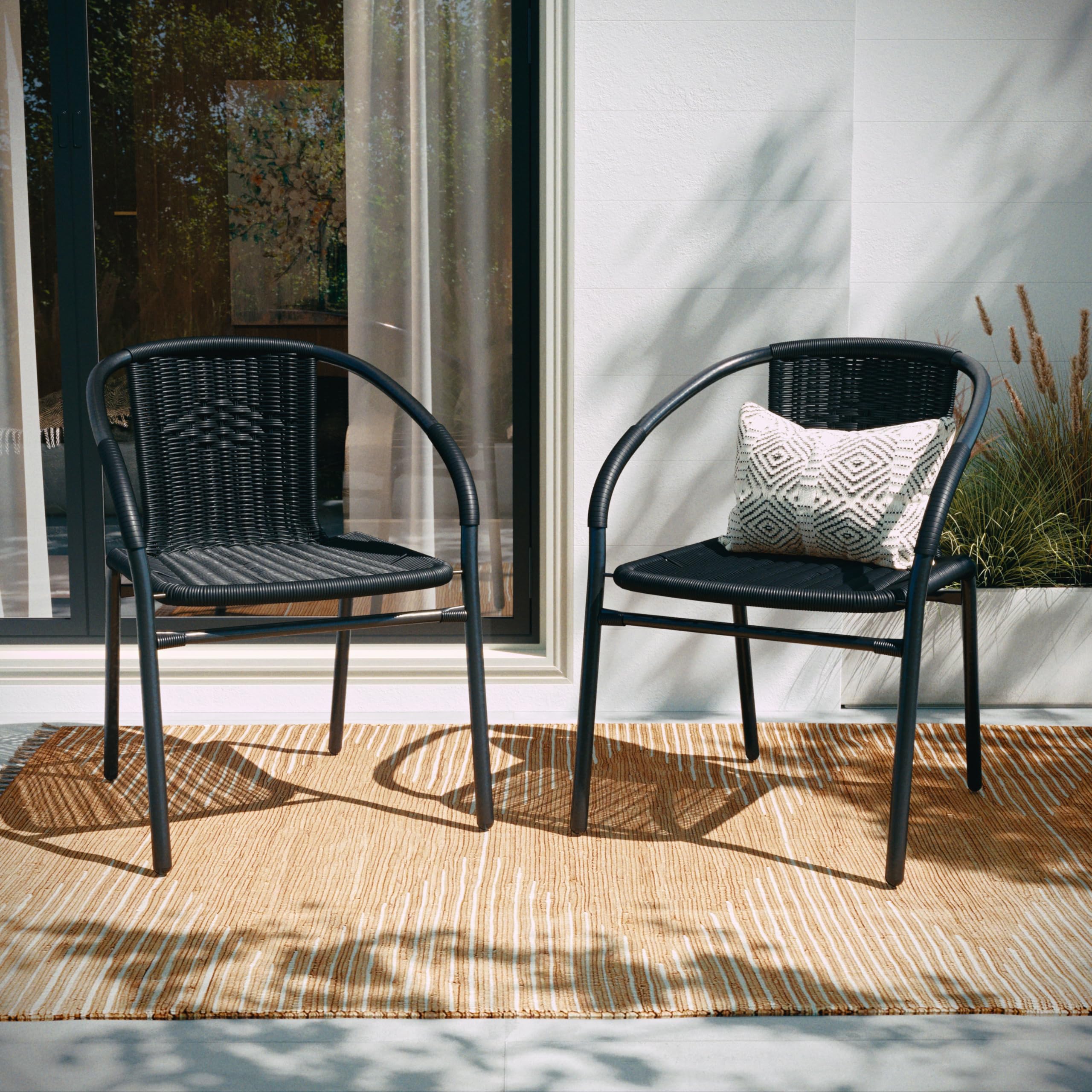 Flash Furniture Modern Rattan Dining Chairs - Indoor/Outdoor Stackable Bistro Chairs for Patio, Restaurant or Cafe (Set of 2, Black) - Perfect for Backyard, Garden & Commercial Use
