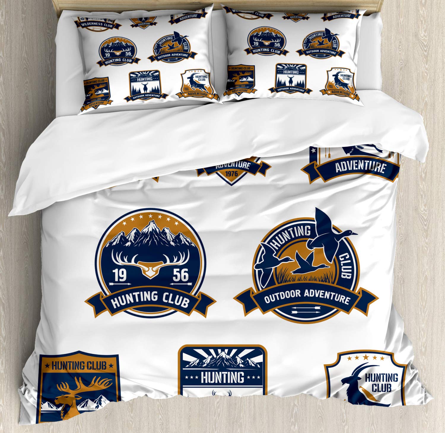 Ambesonne Hunting Duvet Cover Set - 3 Piece Bedding with 2 Pillow Shams, Shield Design with Hunting Sports Club Emblems & Animal Prints, Dark Blue White Brown, California King Size - Perfect for Hunting Lodge Decor, Cabin Bedroom, or Outdoor Enthusiast's Home