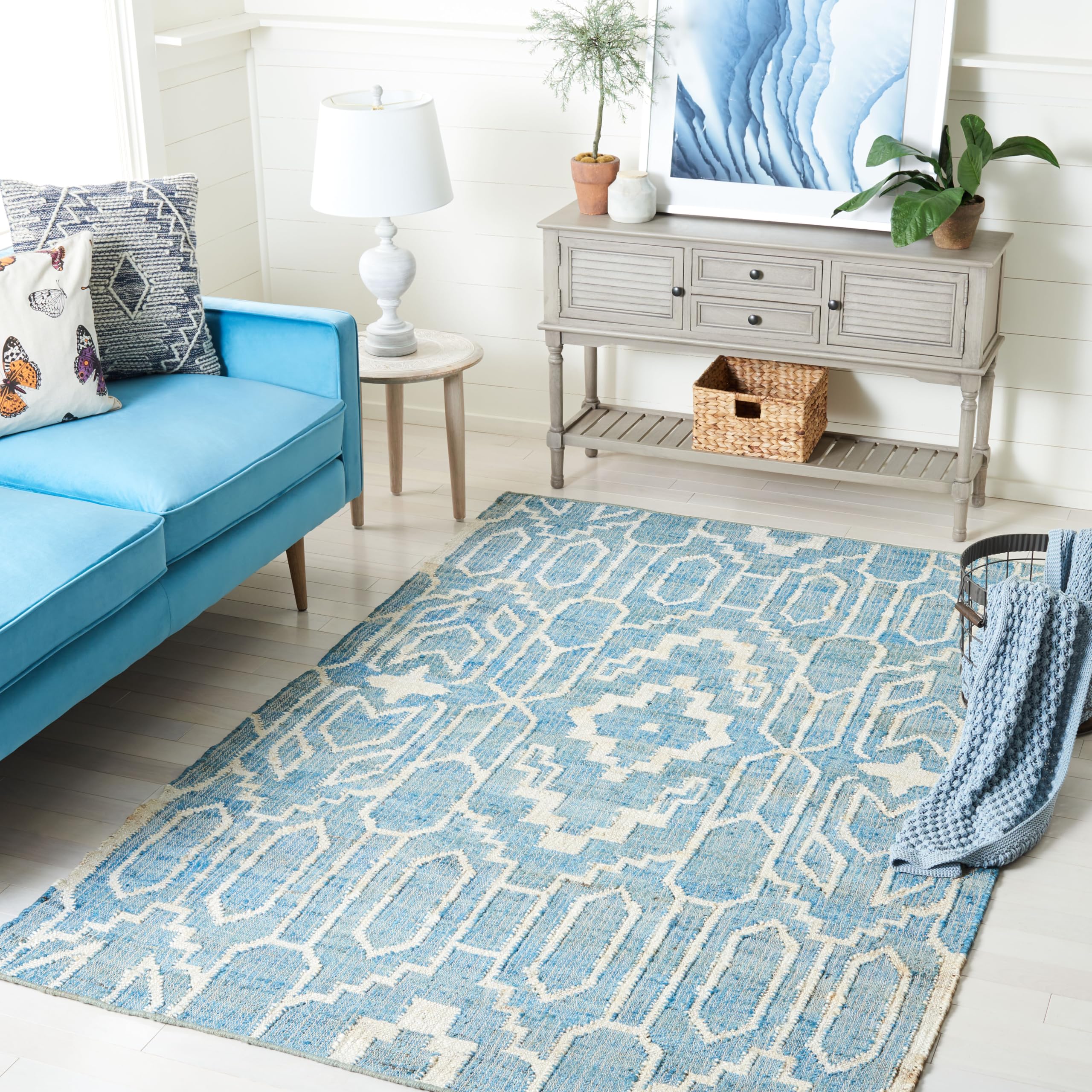 SAFAVIEH Handmade Jute Area Rug 5' x 8' - Natural Fiber Collection in Blue & Ivory (NFB750M) | Durable & Stylish for High Traffic Living Room, Bedroom, Office & Entryway