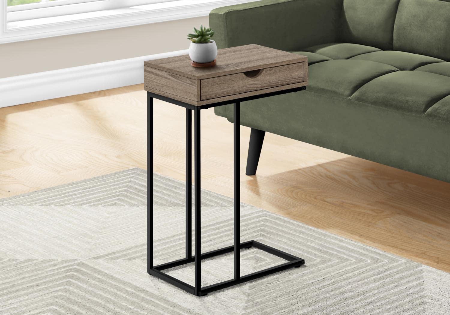 Monarch Specialties I 3771 C-Shaped Accent Table with Storage Drawer - End Table, Side Table, Snack Table for Living Room & Bedroom - Metal & Laminate in Brown & Black - Contemporary Modern Home Decor for Small Spaces & Apartments