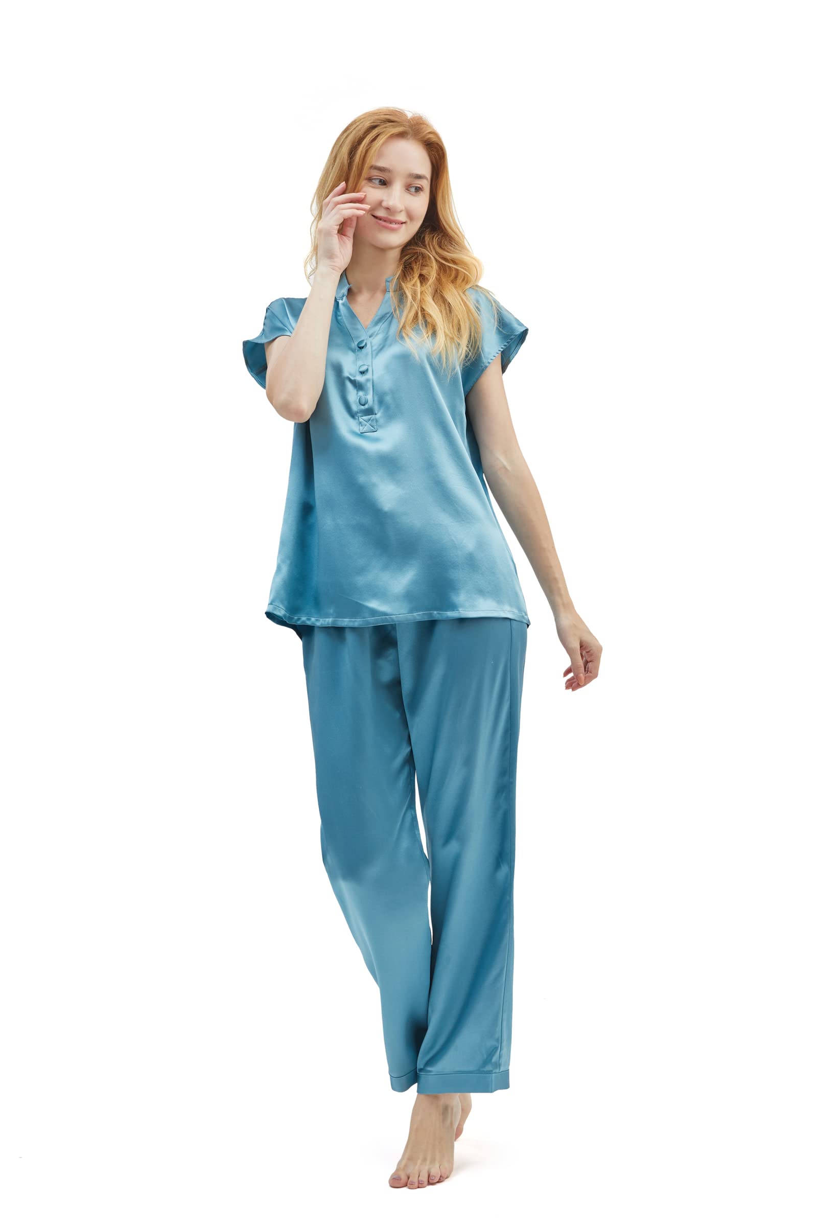 GRALACE 100% Mulberry Silk Pajama Set for Women - Soft Short Sleeve Sleepwear Pj Set with Pants | Perfect for Lounge, Sleep & Spa Days