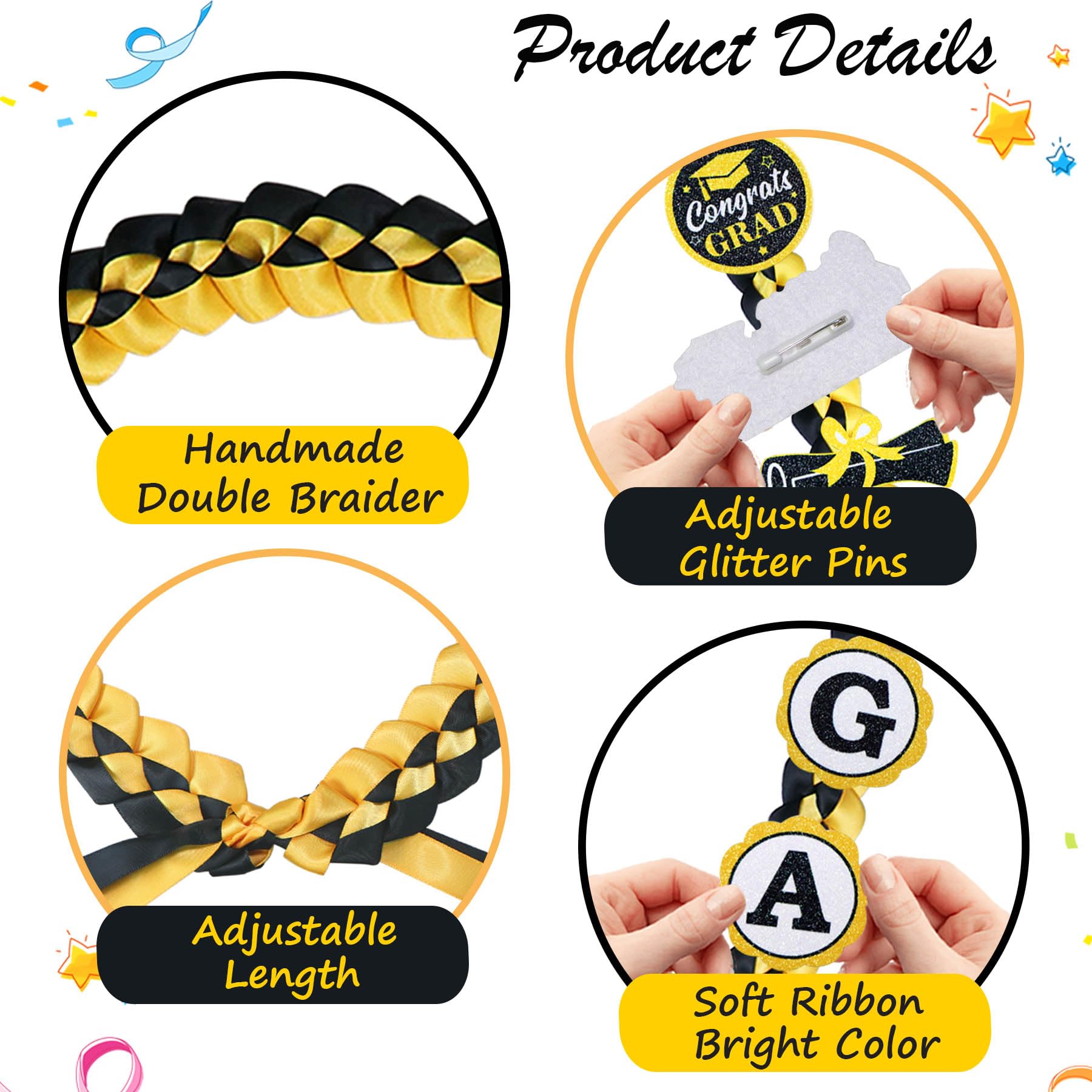 2025 Graduation Money Leis - Handmade Double Braided Ribbon Lei with 8 Glitter Patches for Graduation Party Decor (Black & Gold) | Perfect for High School & College Graduation Gifts