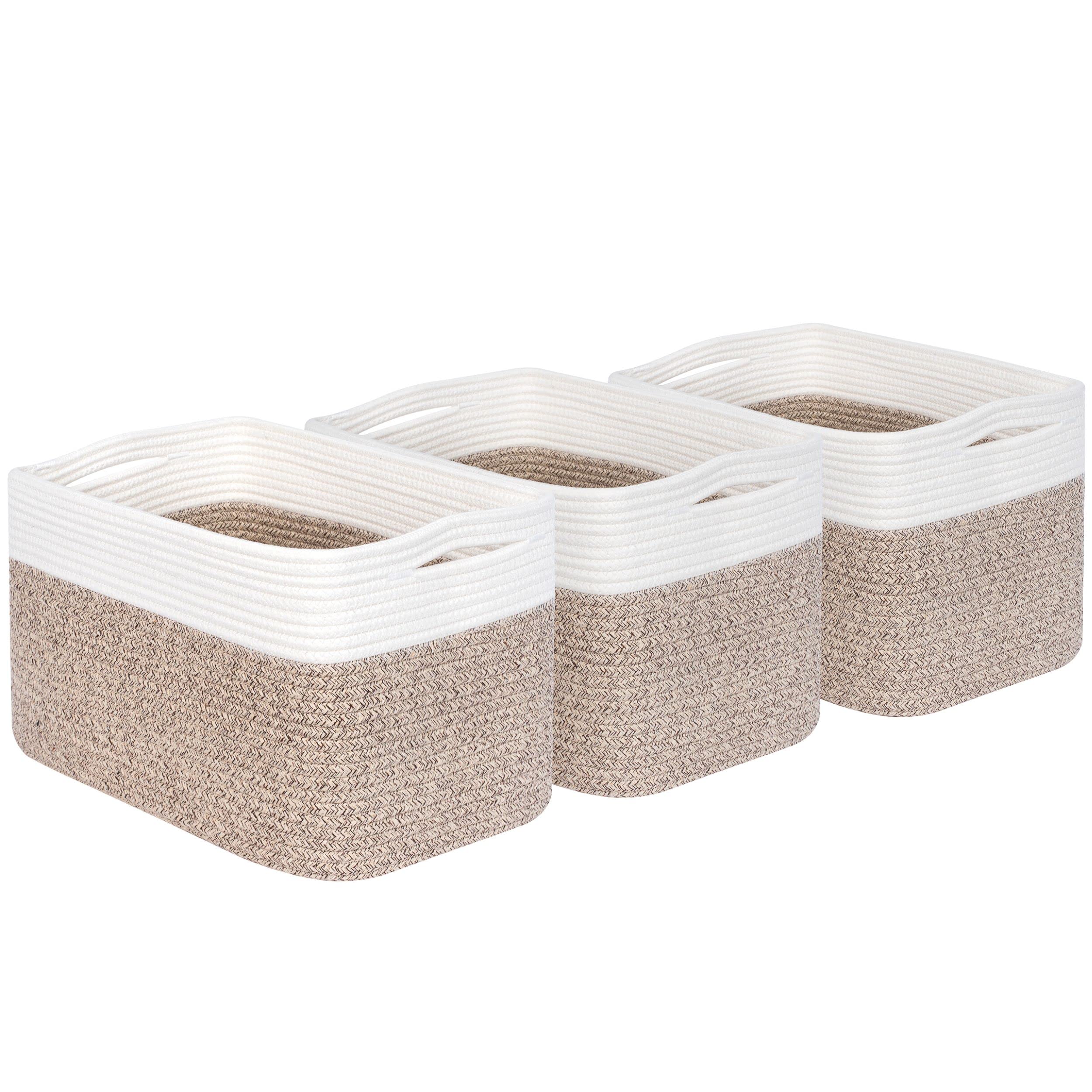 MINTWOOD 3-Pack Woven Storage Baskets - Light Brown Decorative Cube Bins for Shelves, Playroom, Classroom & Nursery Organization | Perfect for Kids' Toys, Books & Closet Storage
