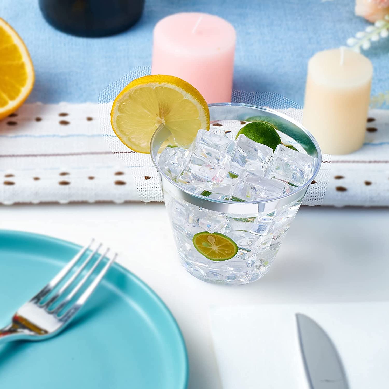 JOLLY CHEF 100 Pack 9 oz Clear Plastic Cups with Elegant Silver Rim - Disposable Silver Tumblers for Wedding, Party, Thanksgiving & Christmas - Perfect for Cocktails, Beverages and Celebrations