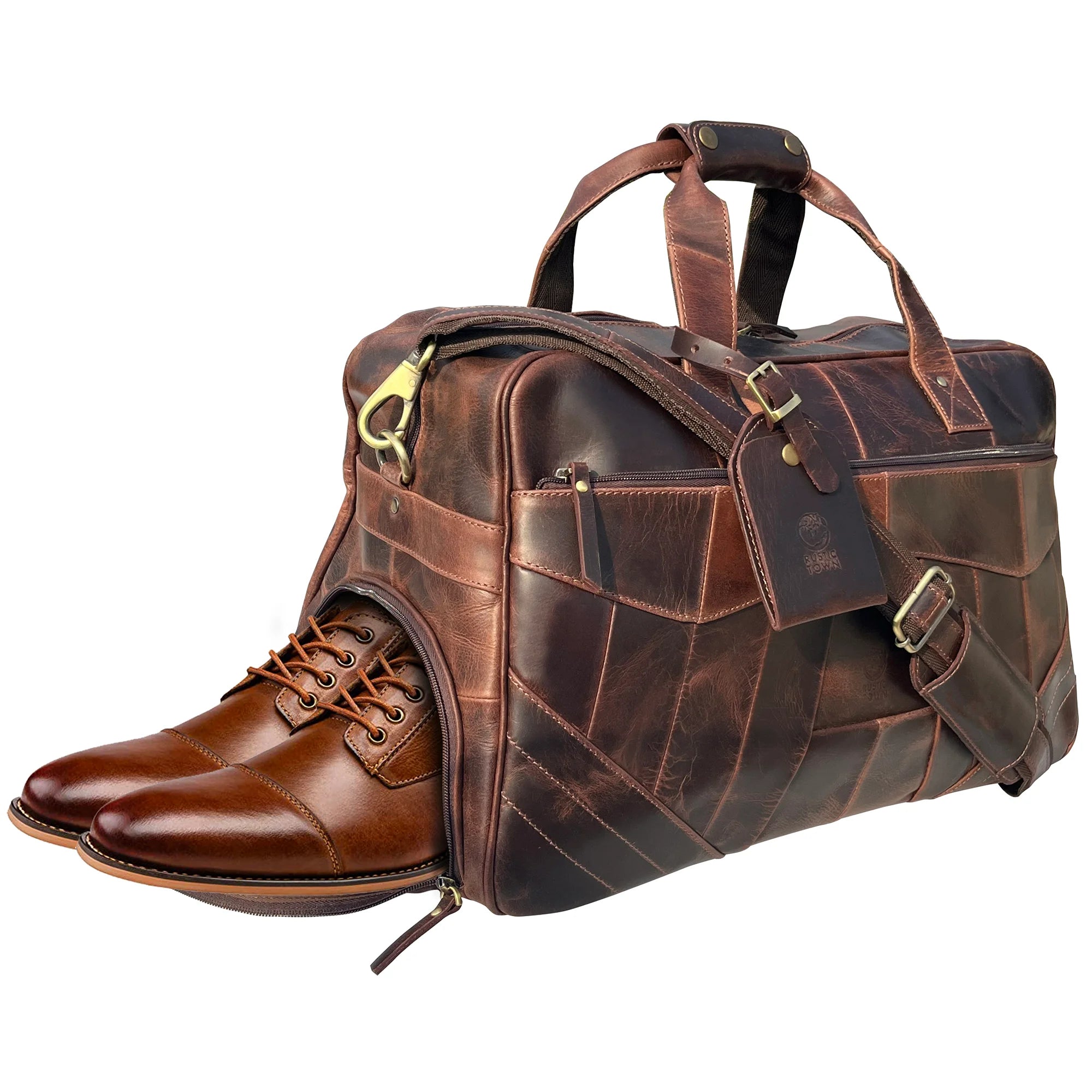 Premium John Leather Travel Duffle Bag with Shoe Compartment - Walnut Brown - Perfect for Gym, Weekend Getaways & Business Trips