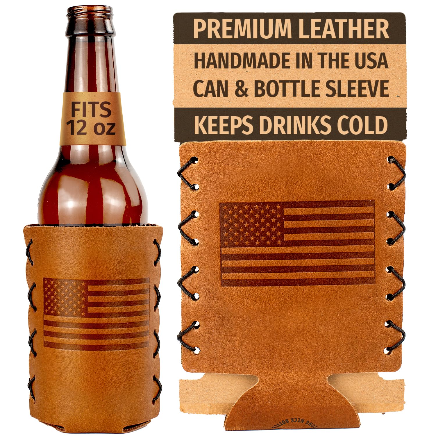 Oowee Genuine Leather Beer Bottle Sleeve Holder | Insulated 12oz Longneck Bottle Cover for Soda, Beer & Seltzer | USA Made American Flag Design | Perfect for BBQs, Tailgating & Outdoor Parties