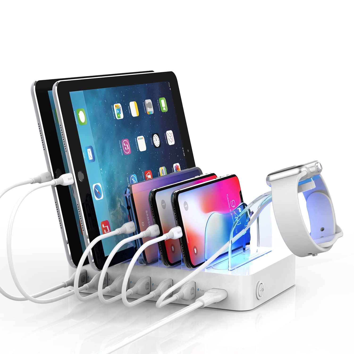 SooPii 60W 6-Port USB Charging Station with PD 20W Fast Charge for iPhone 14/13/12 Pro Max | Includes 6 Short Cables & 2-in-1 Holder | Multi-Device Charger for Phones, Tablets, Smartwatches | Perfect for Home, Office & Travel Use