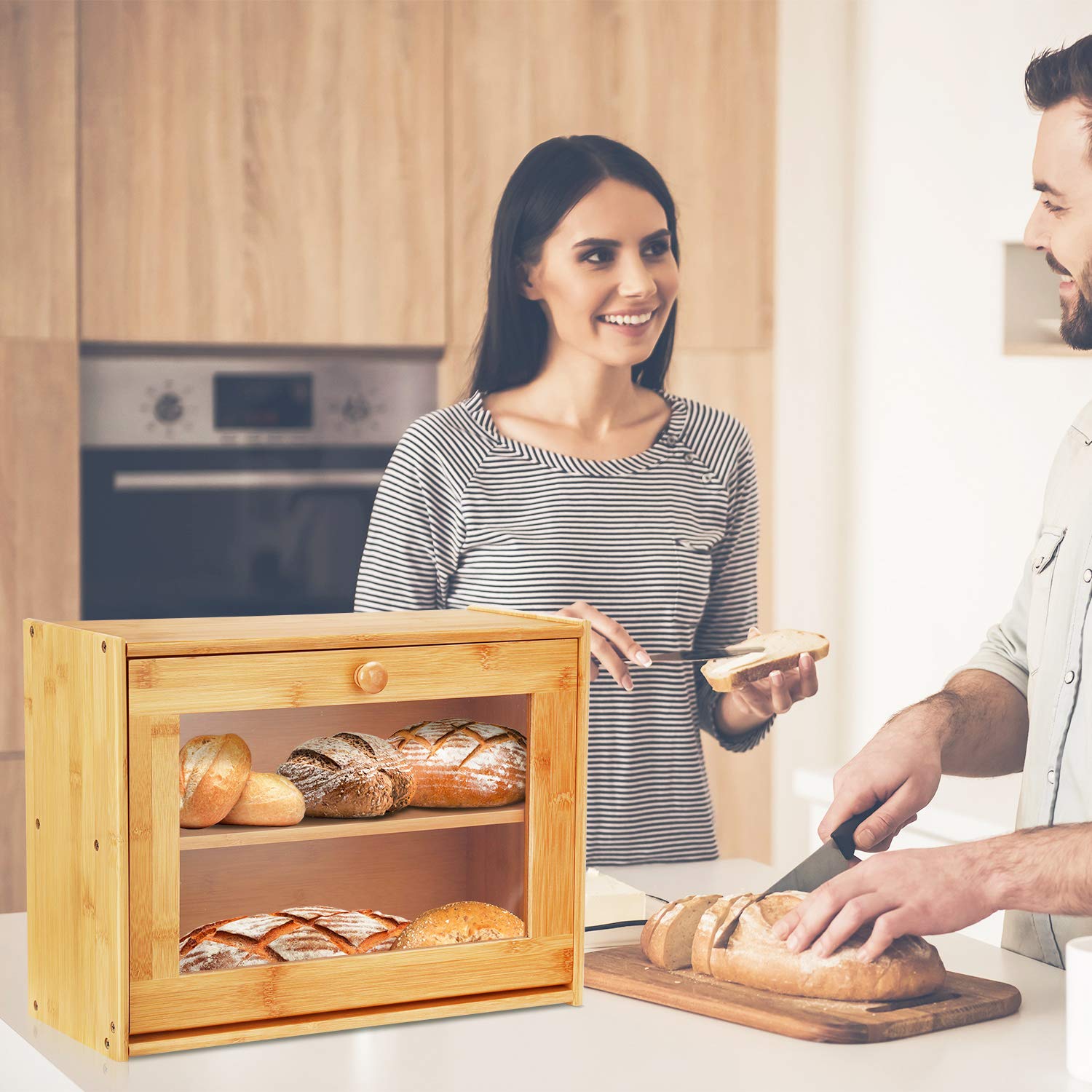 2-Tier Bamboo Bread Box with Acrylic Window - Countertop Bread Bin & Dry Food Storage Container for Kitchen, Pastries, Loaf, Fruits, Jam - Easy Self-Assembly for Organized Pantry & Baking Needs