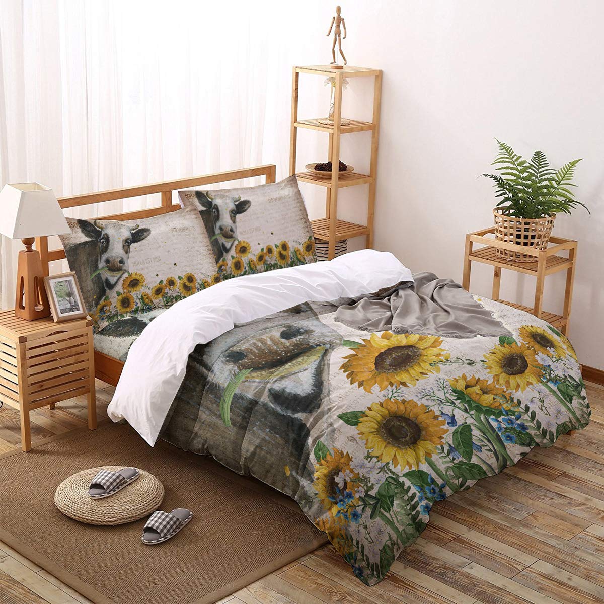 Luxury 4-Piece Full Size Bedding Set - Soft Cow & Sunflower Print Duvet Cover with Pillowcases, Brown Newspaper Design | Perfect for Farmhouse, Country Style Bedroom Decor & Guest Room Essentials