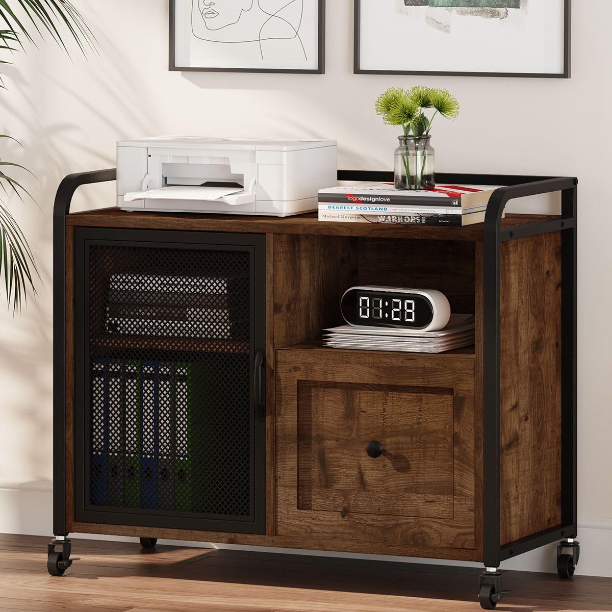 BON AUGURE Rolling Lateral File Cabinet - Rustic Oak Wood & Metal Home Office Storage with Printer Stand & Drawer | Perfect for Small Spaces, Under Desk Organization & Office Decor