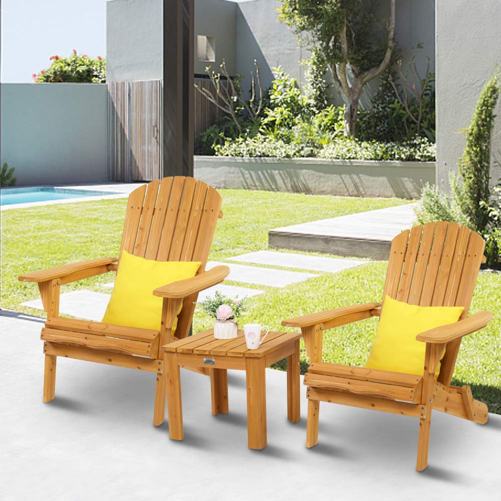 VINGLI 2-Piece Folding Wooden Adirondack Chair Set with Table - Ergonomic Outdoor Patio Furniture for Fire Pit, Beach, Balcony & Backyard - Natural Finish Comfortable Lawn Chairs for Relaxing in Garden, Poolside or Deck