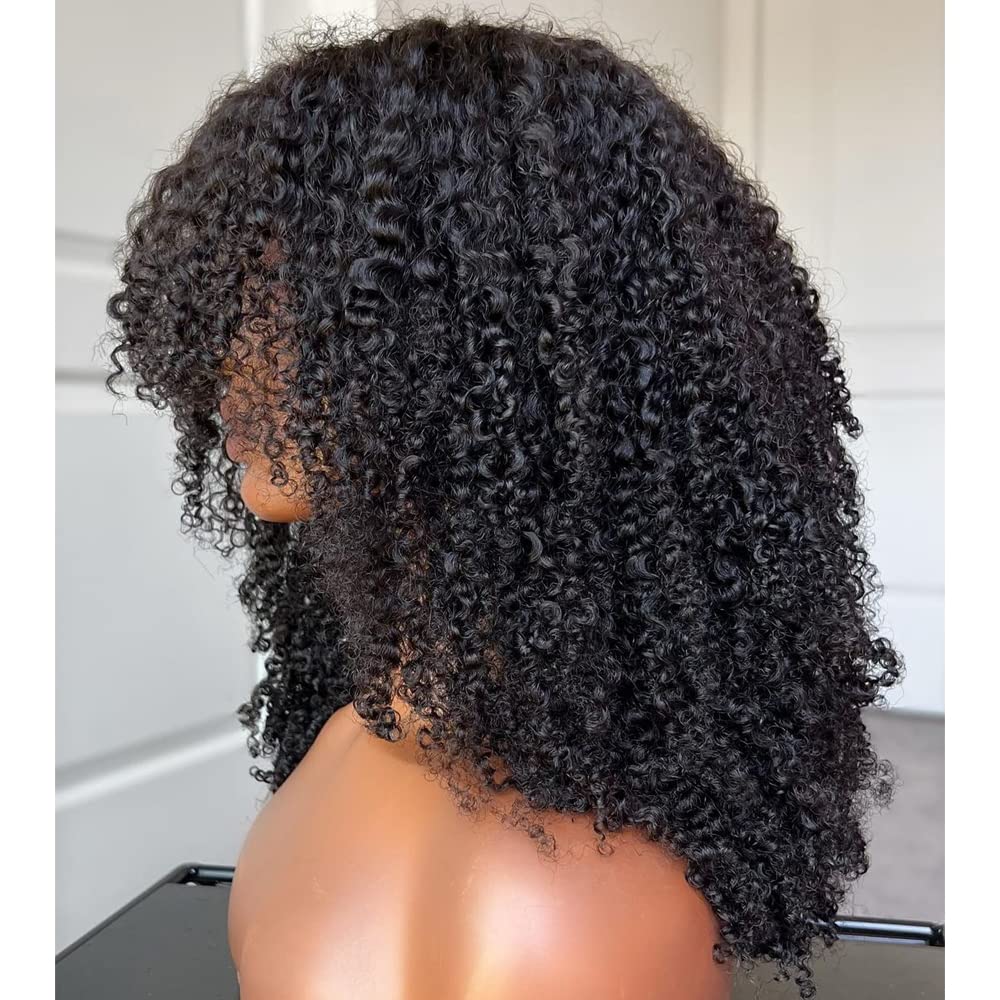 180 Density Afro Kinky Curly Human Hair Wig with Bangs - Brazilian Remy Hair Machine Made Scalp Top - Bouncy Curly Wigs for Black Women - Perfect for Cosplay, Daily Wear & Special Occasions