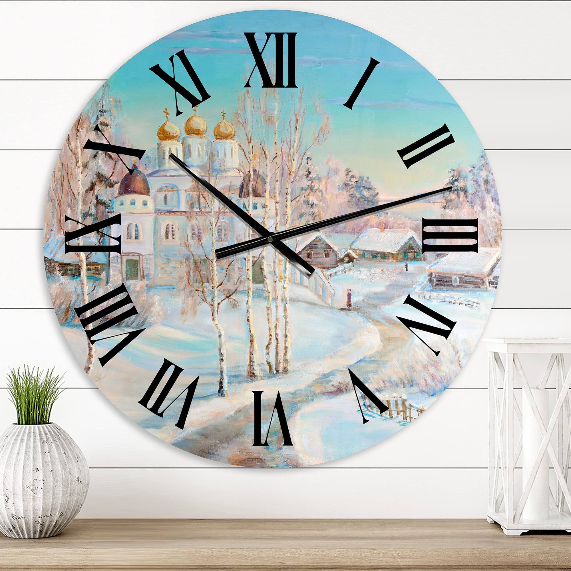 DesignQ Traditional Wall Clock - 'Country Road in Winter Landscape with Temple' - Large Nature-Themed Wall Clock for Living Room, Bedroom & Office Decor - Perfect for Farmhouse, Rustic & Vintage Home Interiors