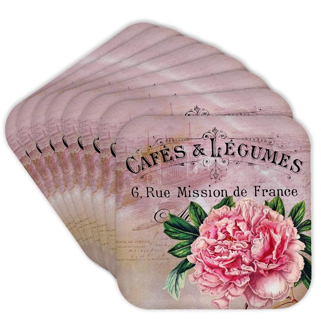 3D Rose French Vintage Pink Peony Botanical Coasters - Set of 8 Soft Absorbent Drink Coasters for Coffee, Tea, and Wine - Perfect for Home, Office, and Party Decor