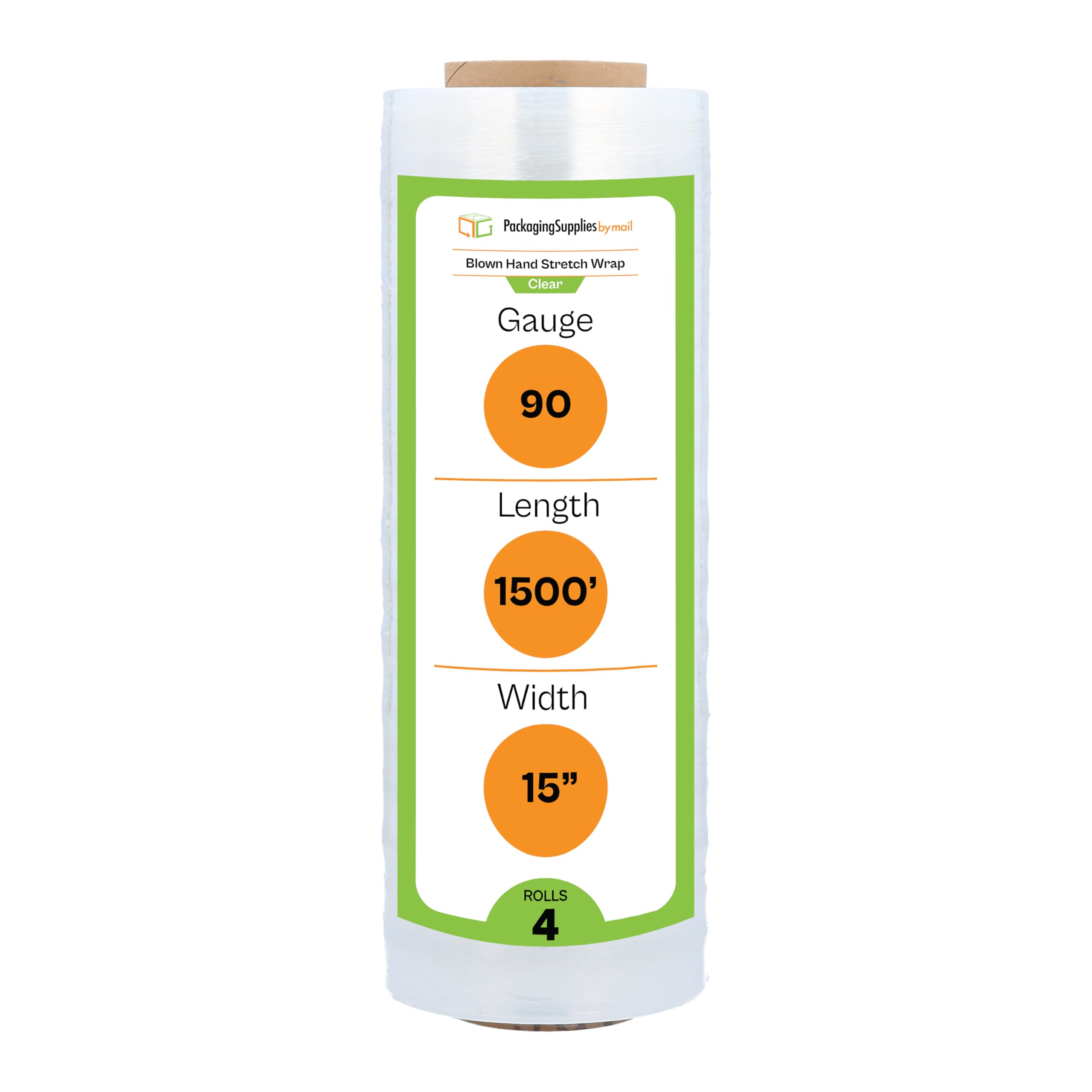 PSBM Stretch Wrap - 4 Pack, 15 Inch x 1500 Feet, 90 Gauge Clear Plastic Cling Film for Moving, Packing & Pallet Wrapping | Heavy Duty Hand Stretch Film Rolls for Secure Shipping & Storage
