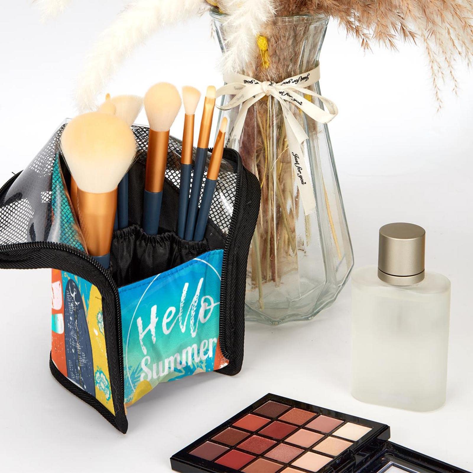 12-Piece Makeup Brush Organizer Bag with Portable Case - Hello Summer Surfboard Beach Design - Perfect for Travel, Home Storage & On-the-Go Touch Ups