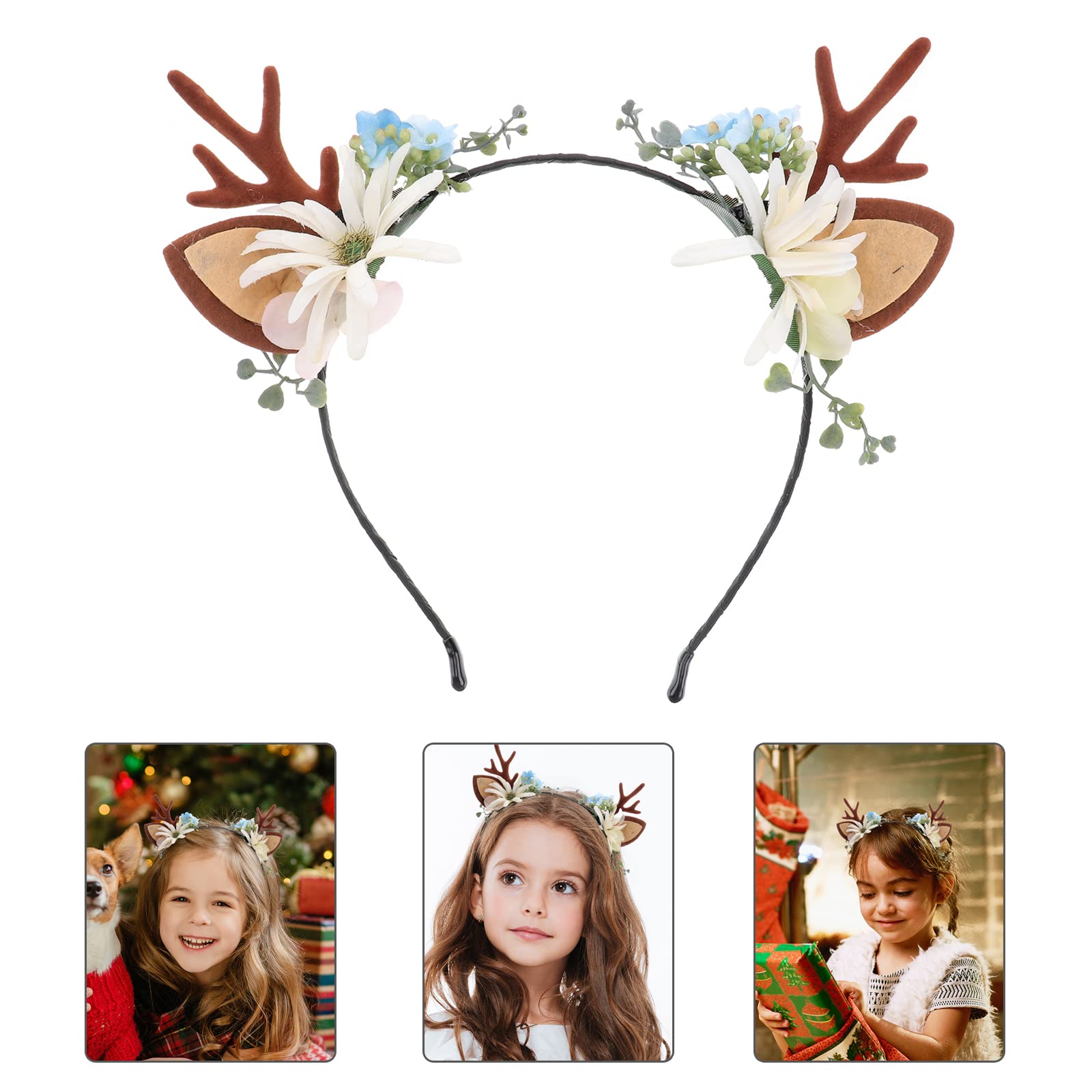 Lurrose Antler Headband - Christmas Deer Headpiece with Flowers & Berries, White Reindeer Hair Accessories for Holiday Parties, Festivals & Cosplay - Perfect for Christmas Photos, Costume Parties & Themed Events