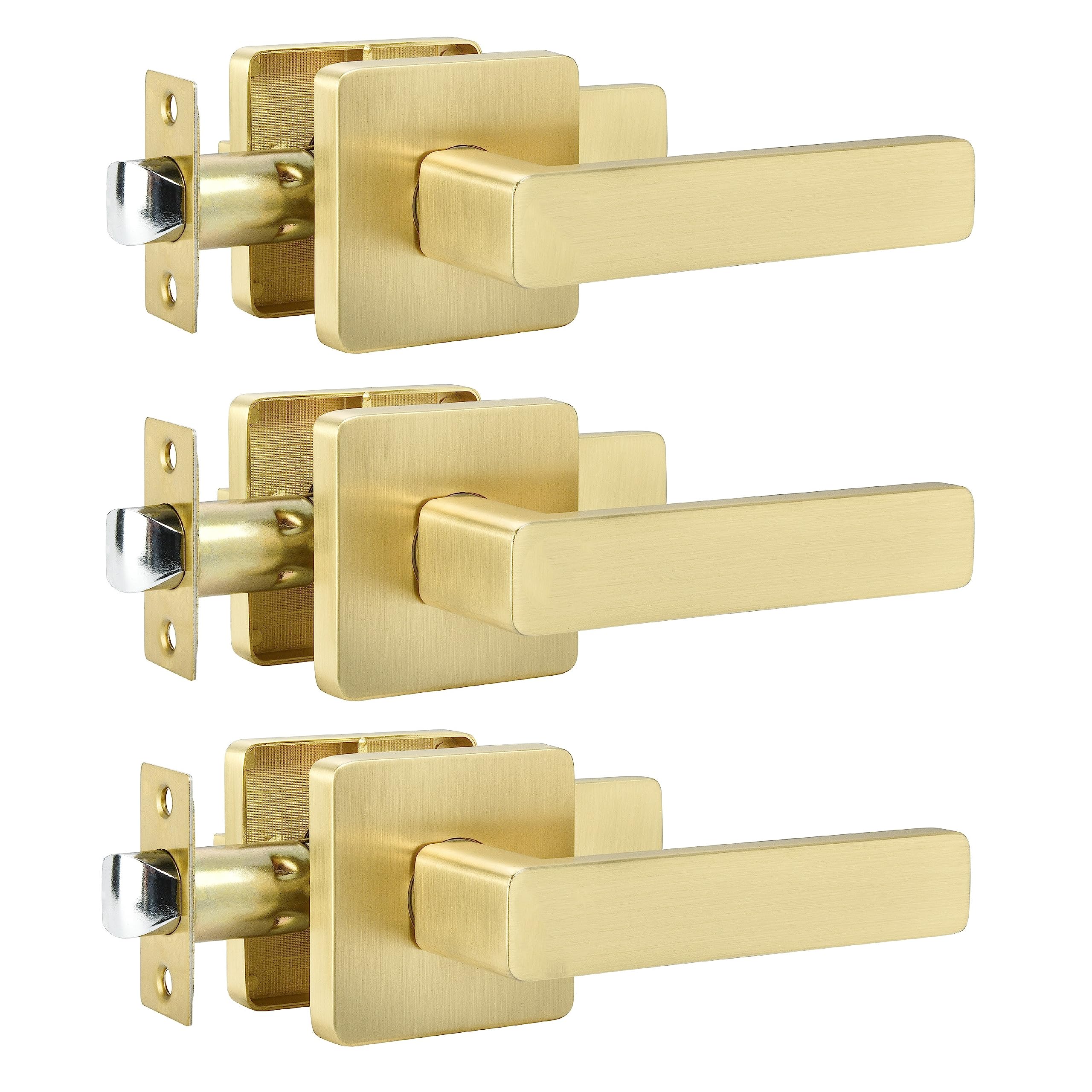 3 Pack Gold Door Handles - Heavy Duty Passage Door Levers for Hallway, Closet & Interior Doors - Modern Left/Right Handed Door Hardware - Perfect for Bedrooms, Bathrooms & Office Spaces
