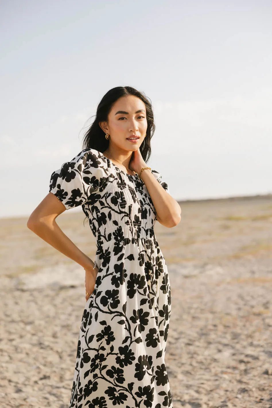 Marnie Smocked Midi Dress for Women - Floral Summer Dress with Puff Sleeves & Elastic Waist | Perfect for Beach Vacations, Garden Parties & Date Nights