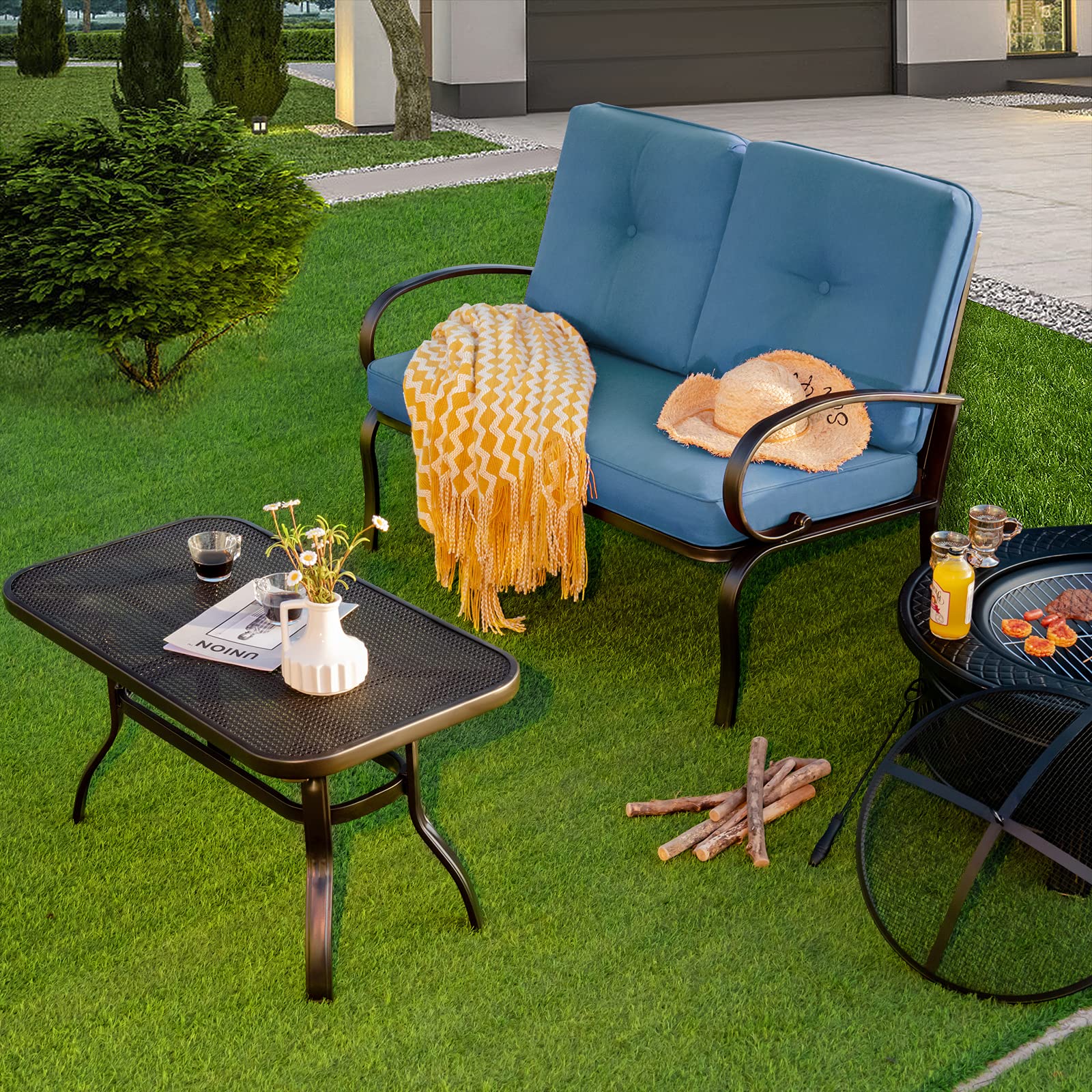 Giantex Outdoor Loveseat with Coffee Table - Patio Bench with Cushion & Sturdy Metal Frame - Navy & Black Garden Sofa Set for Porch, Yard, Poolside - Perfect for Relaxing, Entertaining & Outdoor Lounging