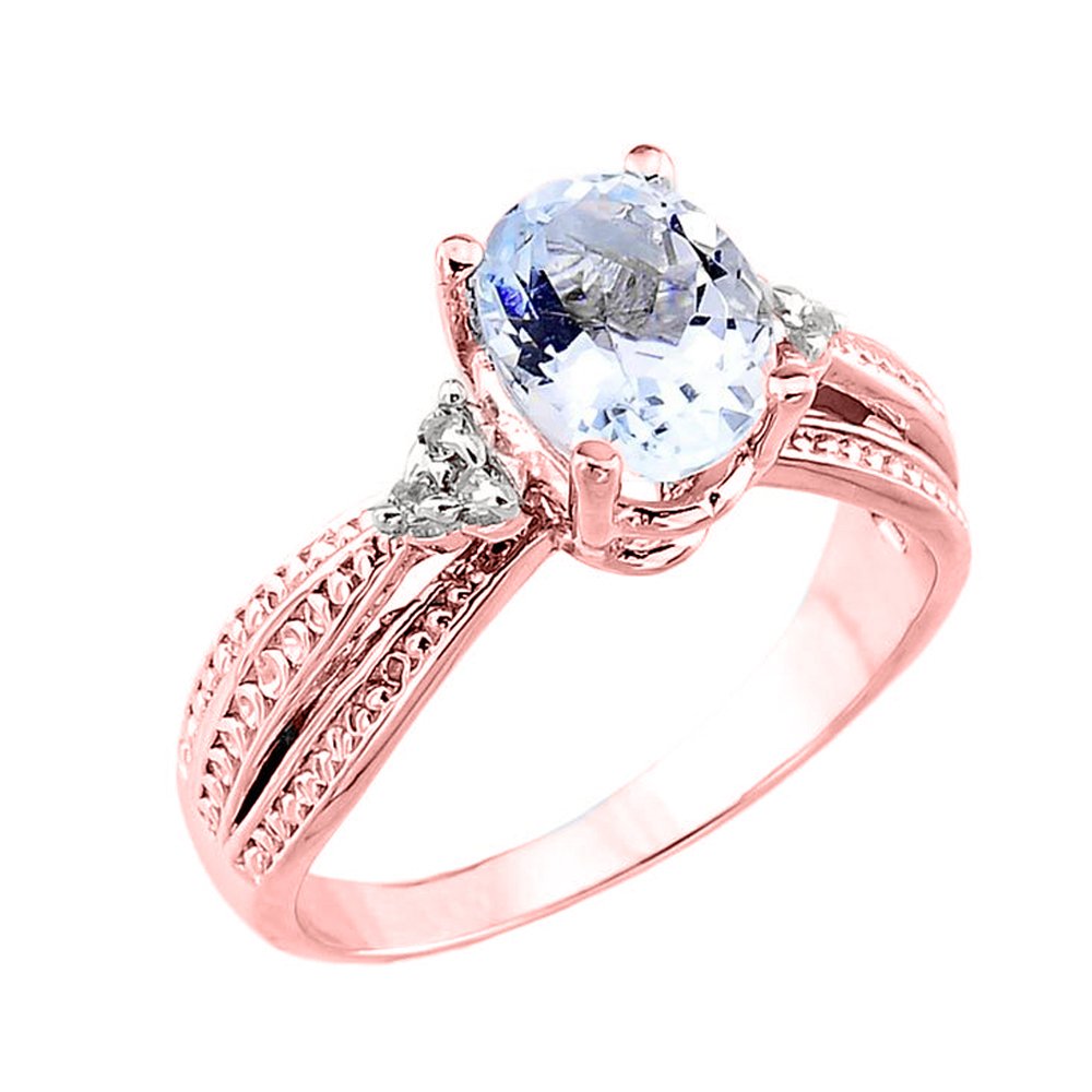 10K Rose Gold Oval Aquamarine Diamond Engagement Ring for Women - Size 5 | Elegant Wedding Band, Anniversary Gift, Promise Ring for Her