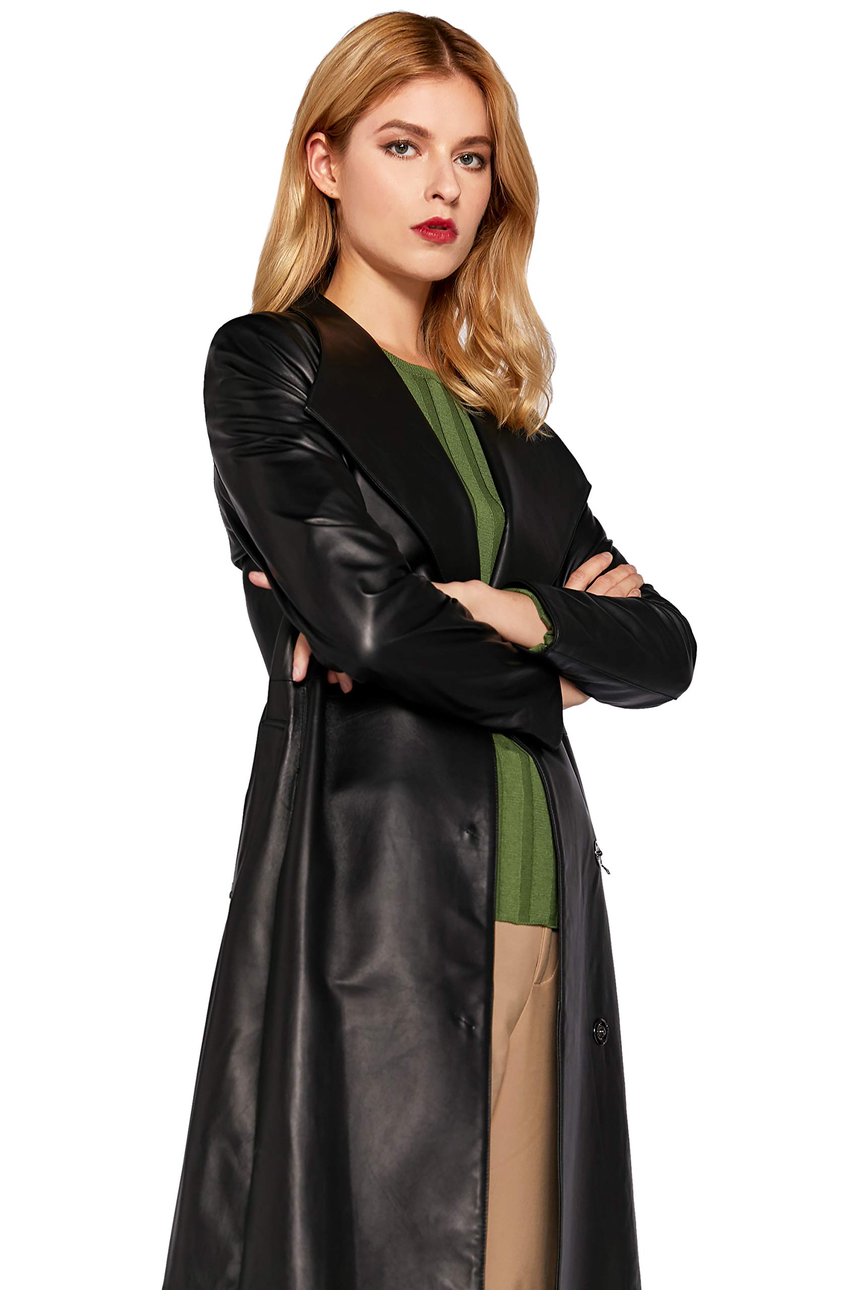 Women's Genuine Lambskin Leather Trench Coat - Black Long Belted Jacket for Fall & Winter | SmartUniverseWear | Perfect for Office, Dating & Formal Occasions