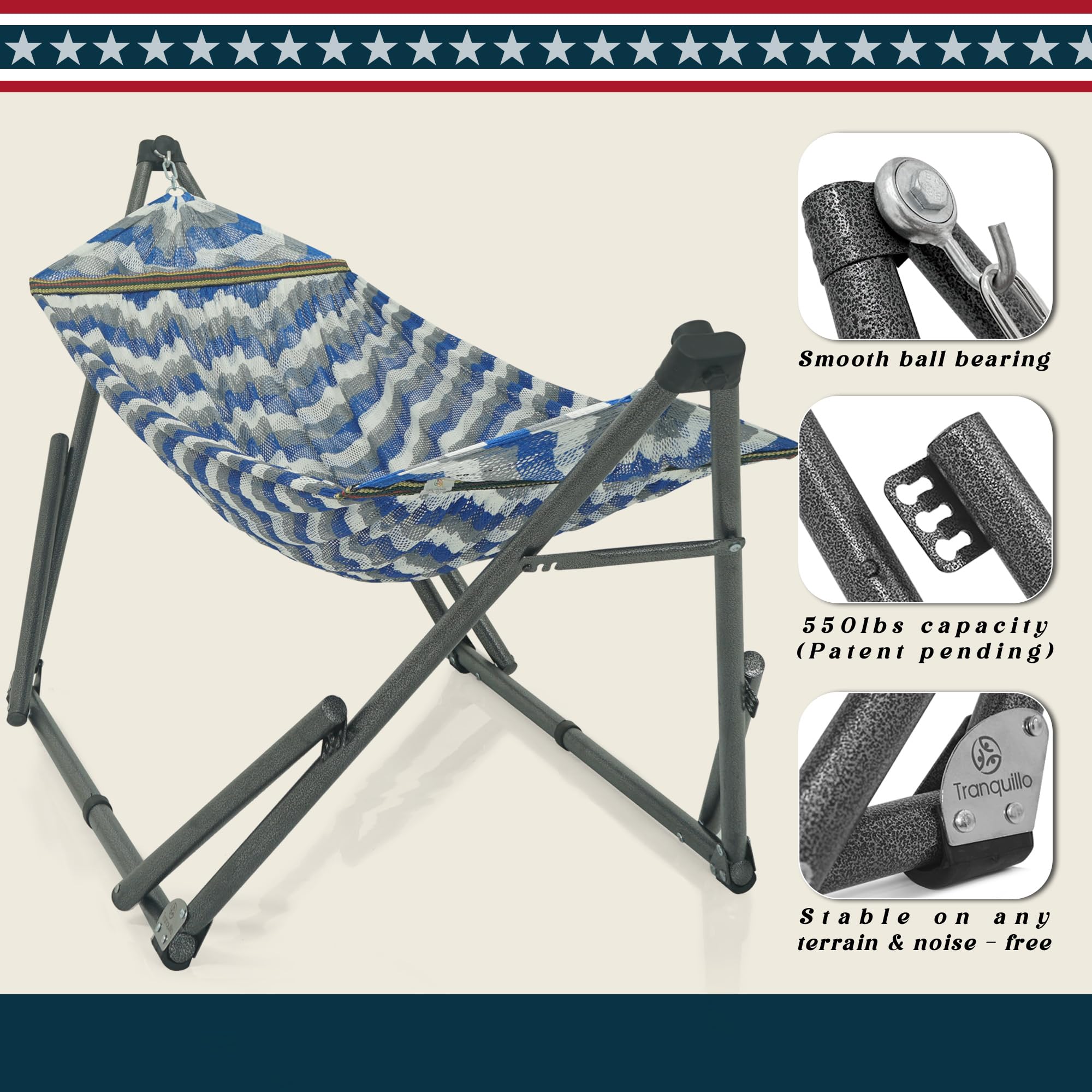 Tranquillo Uniki 550 lbs Capacity Double Hammock Stand - Adjustable & Collapsible Steel Frame with Breathable Polyester Hammock Net - Perfect for Camping, Backyard Relaxation & Outdoor Adventures