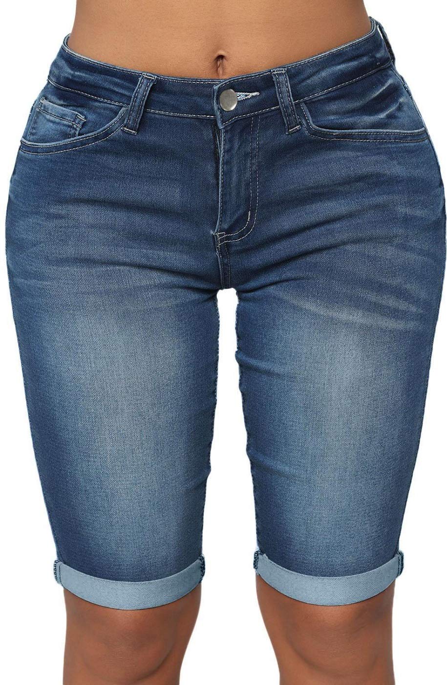 Roswear Women's Mid Rise Roll Cuff Bermuda Stretch Denim Jean Shorts - Comfortable Casual Summer Shorts for Beach, Travel & Everyday Wear