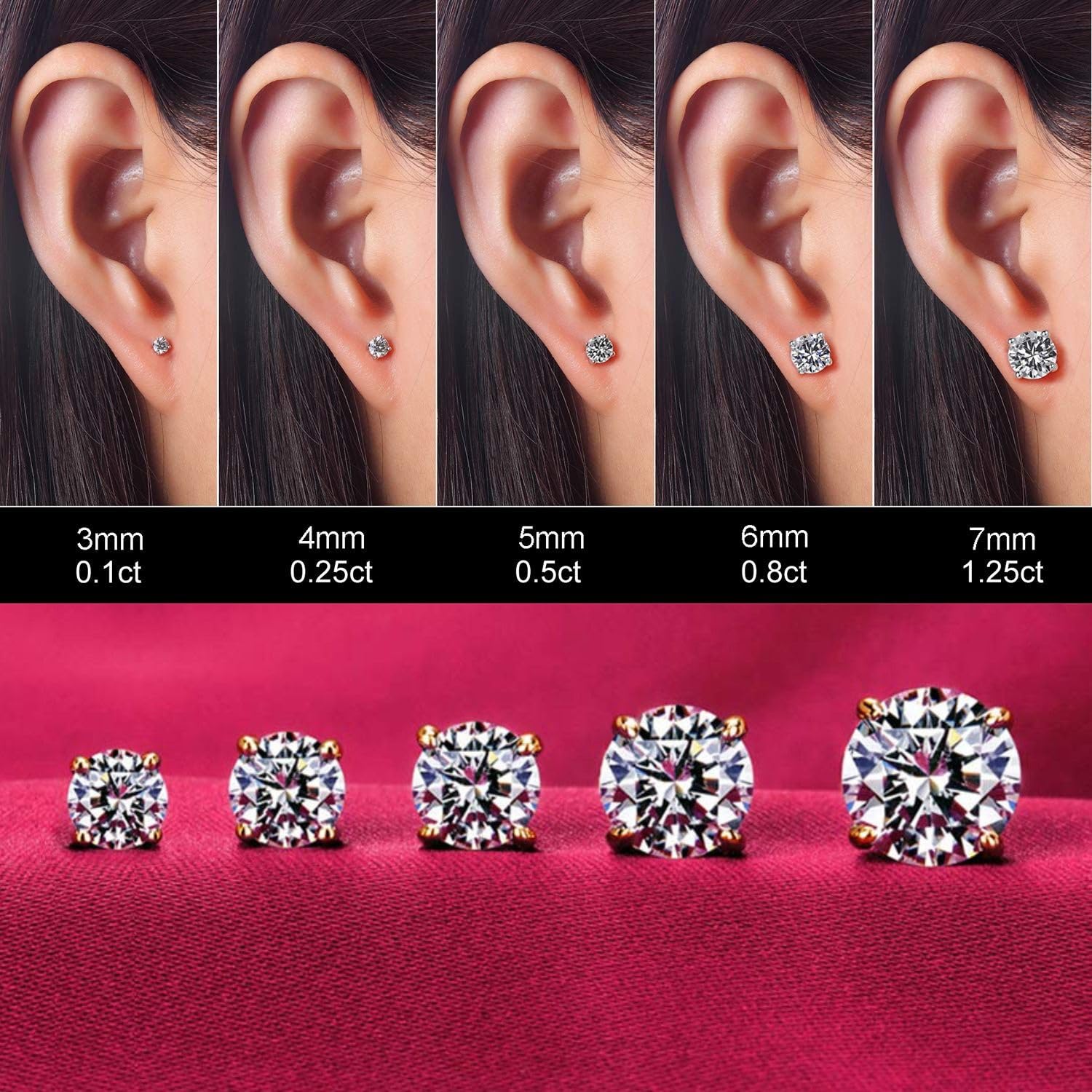 Kainier 14K Gold Plated CZ Stud Earrings for Women - Round Simulated Diamond Cubic Zirconia Earrings Set (5 Pairs) | Perfect for Everyday Wear, Gift Giving & Special Occasions