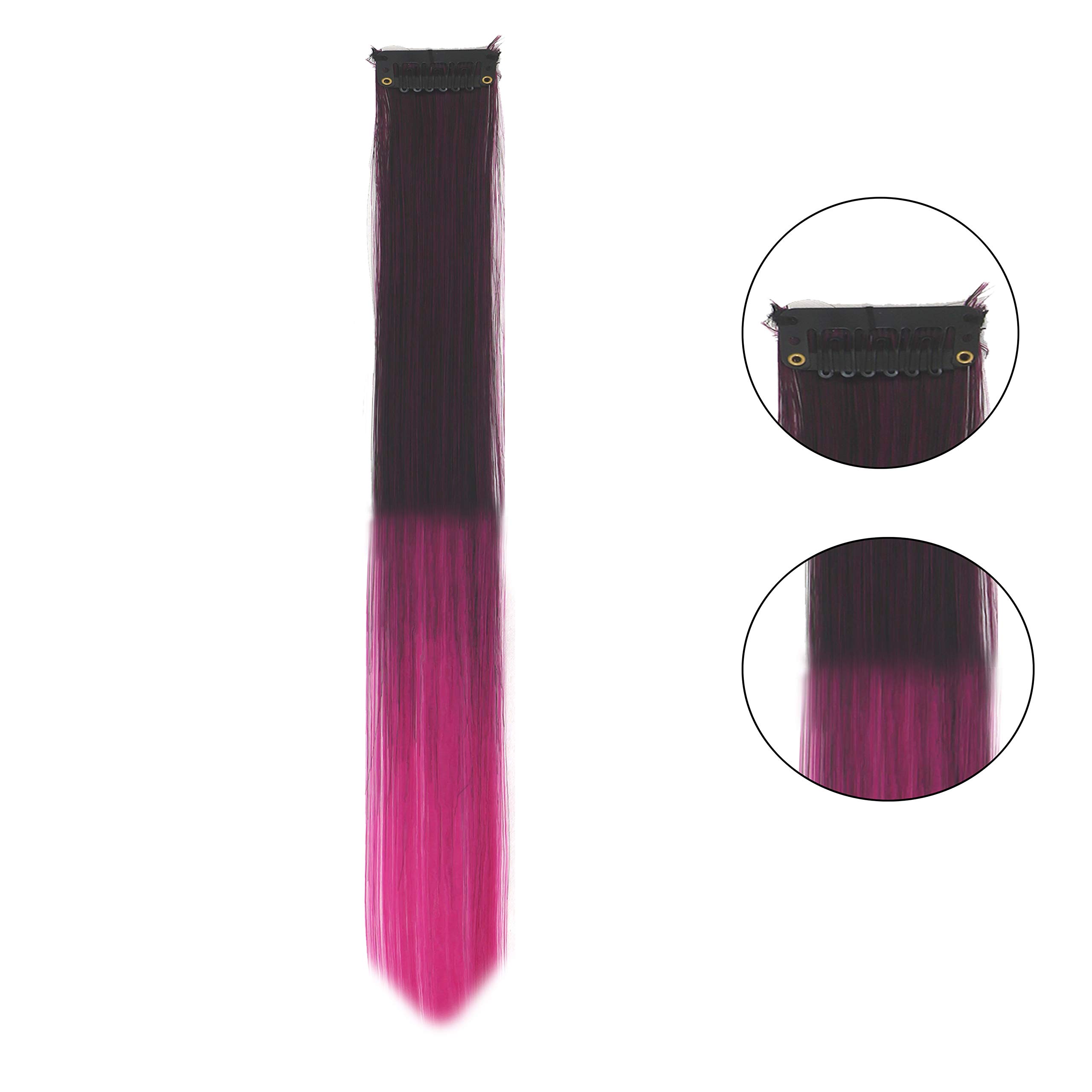 HEAVEN® 2-Piece Synthetic Straight Hair Extensions with Colored Streaks - Wine & Pink Highlights for Women & Girls | Perfect for Parties, Cosplay, and Daily Styling