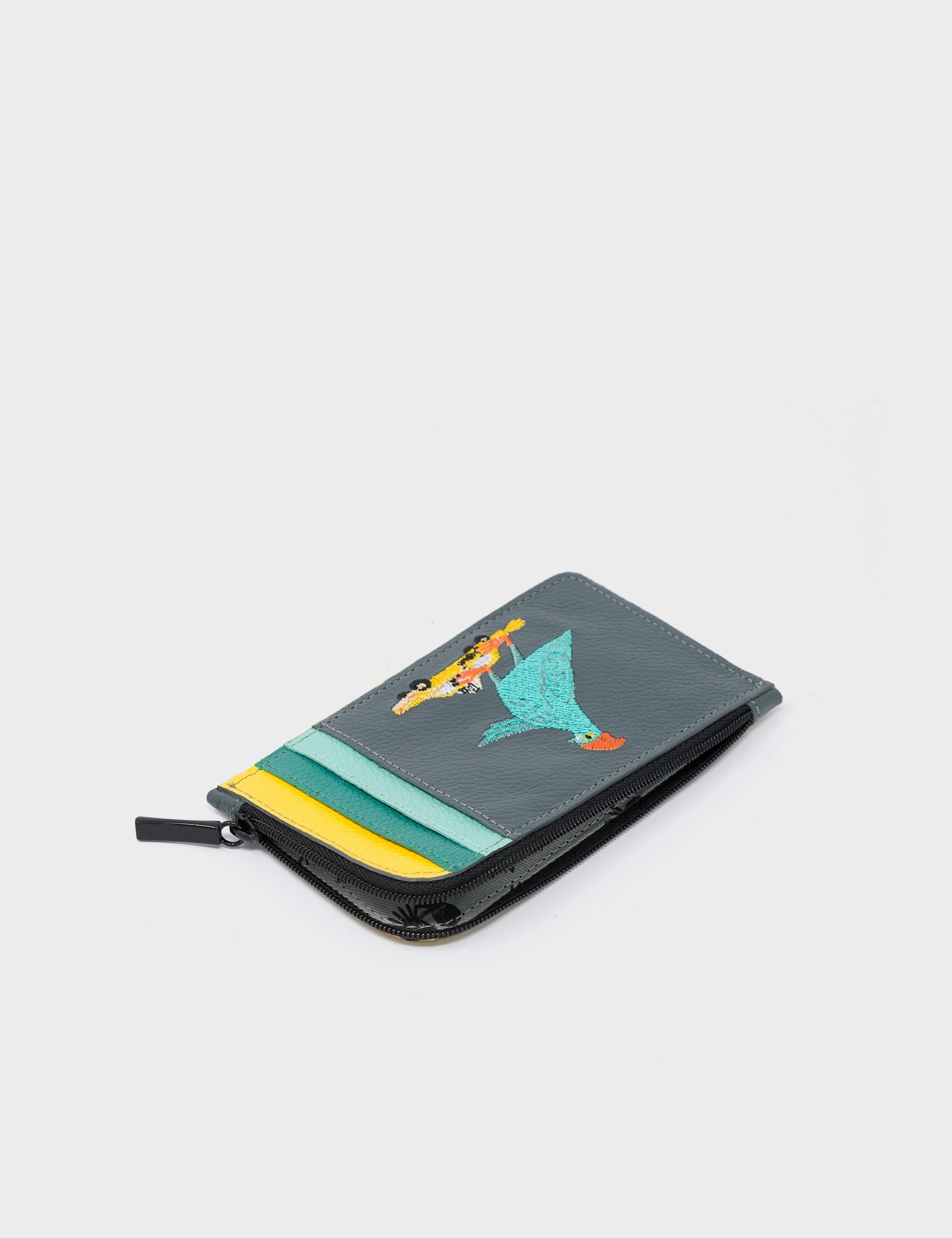 Fausto Stormy Gray Leather Zip Around Cardholder with Pigeonista Embroidery - Slim RFID Blocking Wallet for Men & Women - Perfect for Travel, Business & Everyday Use