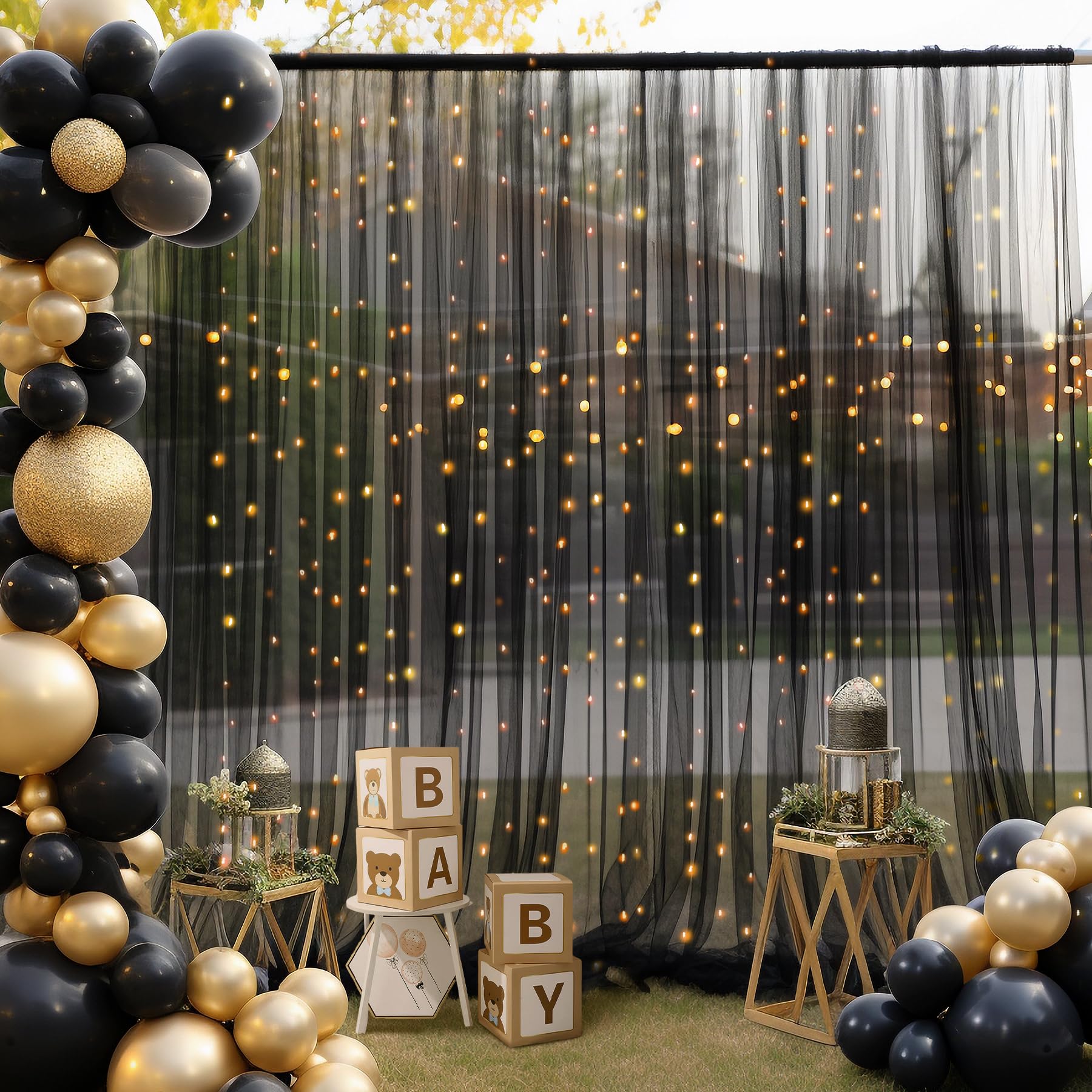 10×10ft Black Tulle Backdrop Curtain with LED String Lights - Sheer Wedding Party Decor, Photo Booth Background, Home Decoration for Birthday, Anniversary & Baby Shower Events