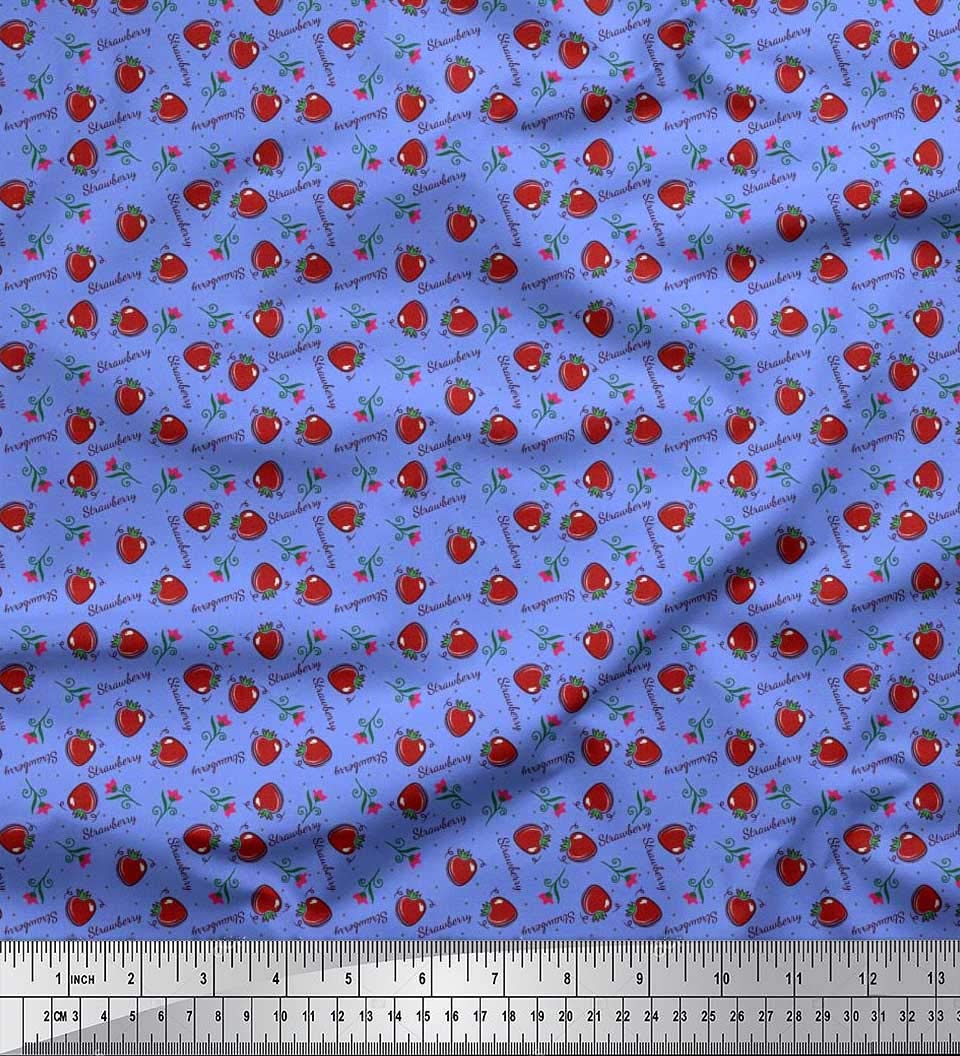 Soimoi Blue Polyester Crepe Fabric by The Yard - 52 Inch Wide - Floral Strawberry Dot Print Material for Dresses, Skirts & DIY Craft Projects