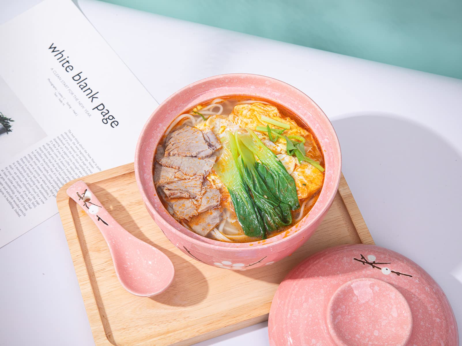 Japanese Hand-Painted Ceramic Ramen Bowls with Spoon - 27.5oz Large Microwave & Dishwasher Safe Soup Bowls - Heat Preserving Pink Rice/Noodle Bowls for Home, Restaurant & Gift Giving