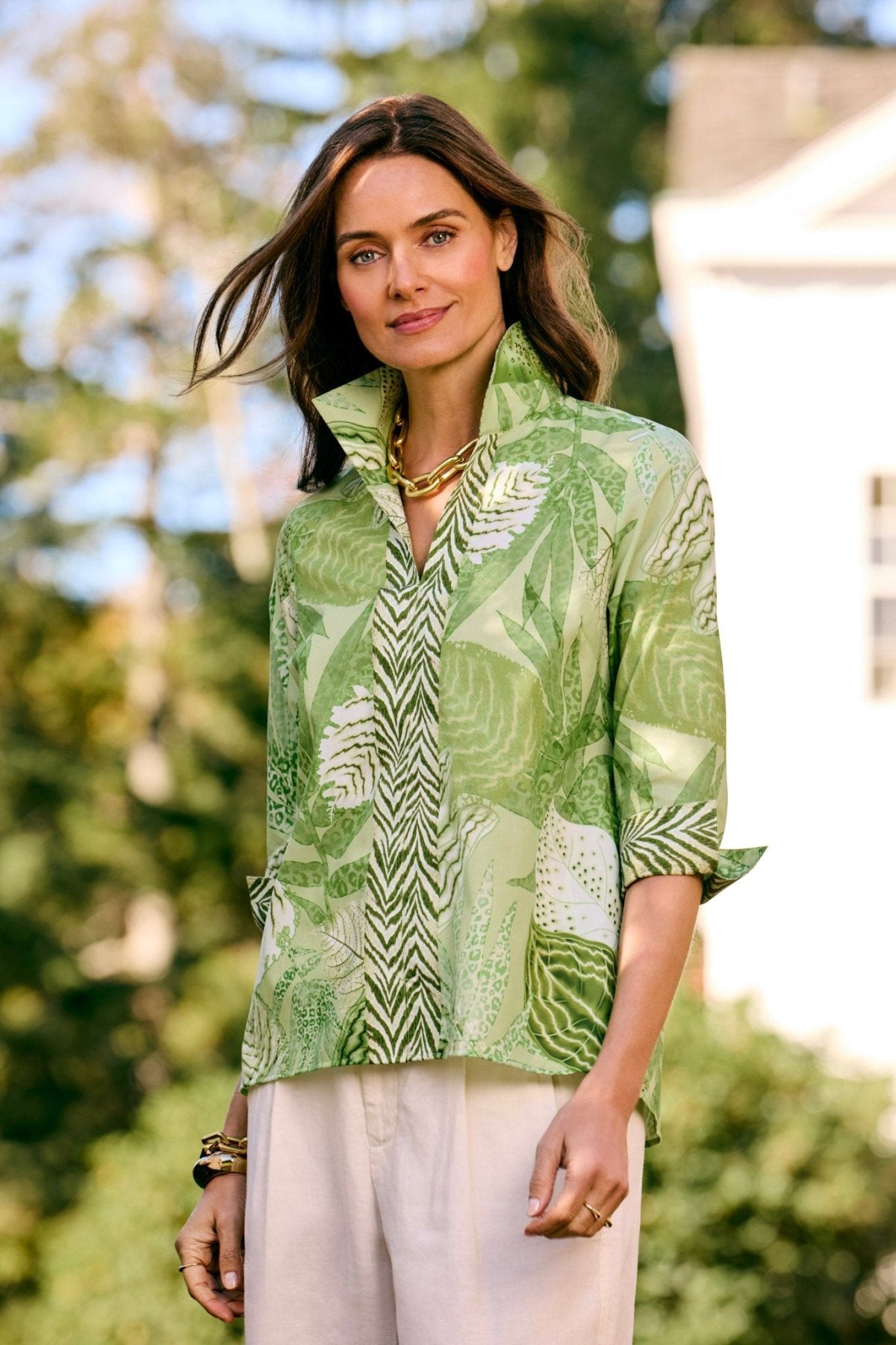 Agnes Jungle Leaves 3/4 Sleeve Popover Shirt for Women - Tropical Floral Print Casual Blouse - Perfect for Vacation, Beach Outings & Summer Fashion