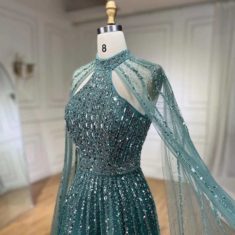 Elegant Arabic Turquoise A-Line Cape Sleeve Beaded Evening Gown for Women - Luxury Dubai Wedding Party Dress LA72306A | Perfect for Formal Events, Galas & Special Occasions